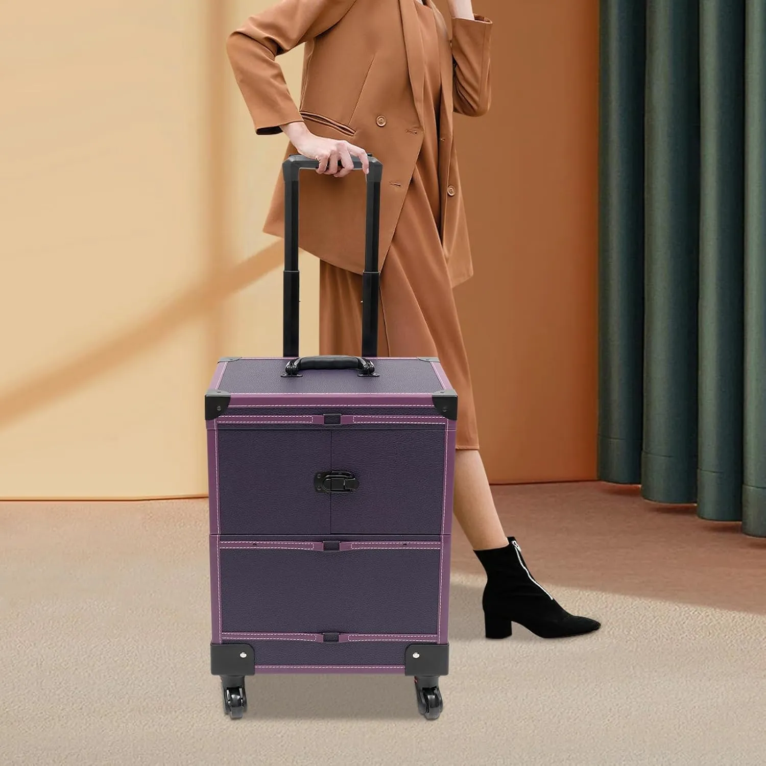 Professional Rolling Makeup Train Case Lockable Portable Cosmetic Organizer Trolley, Multifunction Cosmetology Case on Wheels, Nail Travel Case for Nail Tech Dark Purple
