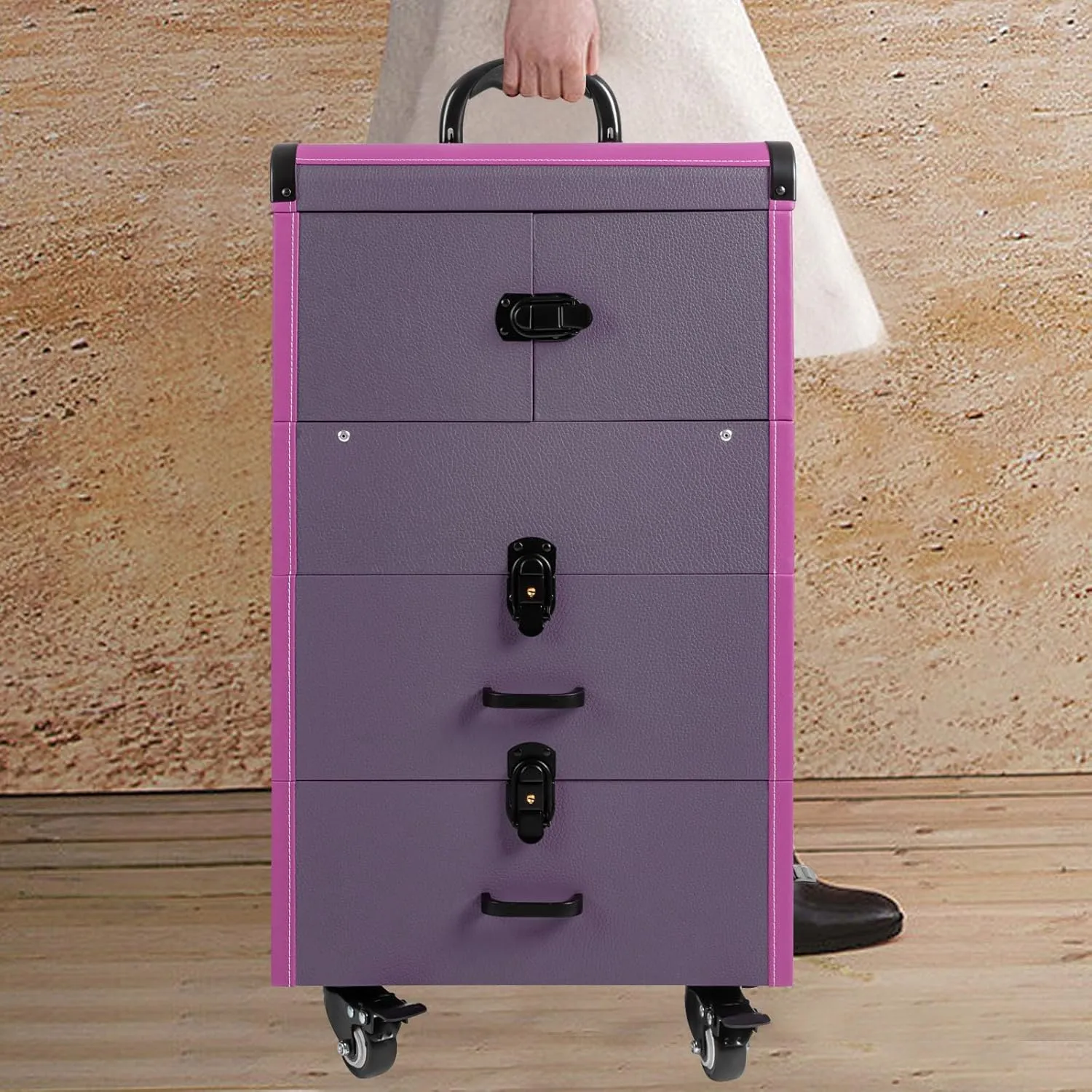 Professional Rolling Makeup Train Case Lockable Portable Cosmetic Organizer Trolley, Multifunction Cosmetology Case on Wheels, Nail Travel Case for Nail Tech Purple