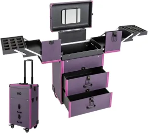Professional Rolling Makeup Train Case Lockable Portable Cosmetic Organizer Trolley, Multifunction Cosmetology Case on Wheels, Nail Travel Case for Nail Tech Purple