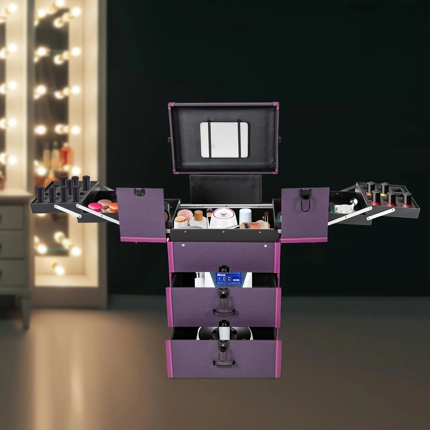 Professional Rolling Makeup Train Case Lockable Portable Cosmetic Organizer Trolley, Multifunction Cosmetology Case on Wheels, Nail Travel Case for Nail Tech Purple