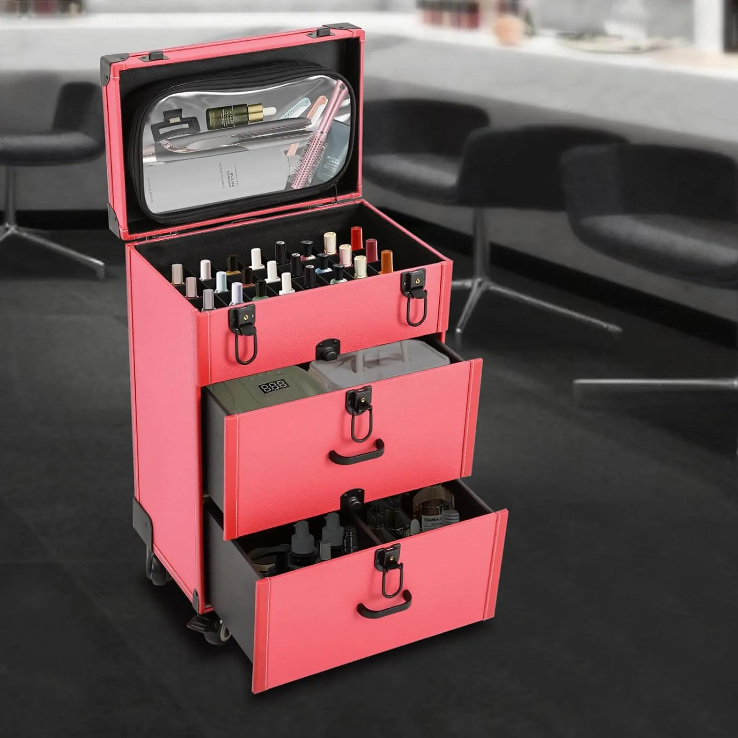 Professional Rolling Makeup Train Case with 4 Universal Wheels & Drawers Large Cosmetic Trolley with Locks, Rolling Nail Case for Nail Tech Organizer Cosmetology Case Rose Red