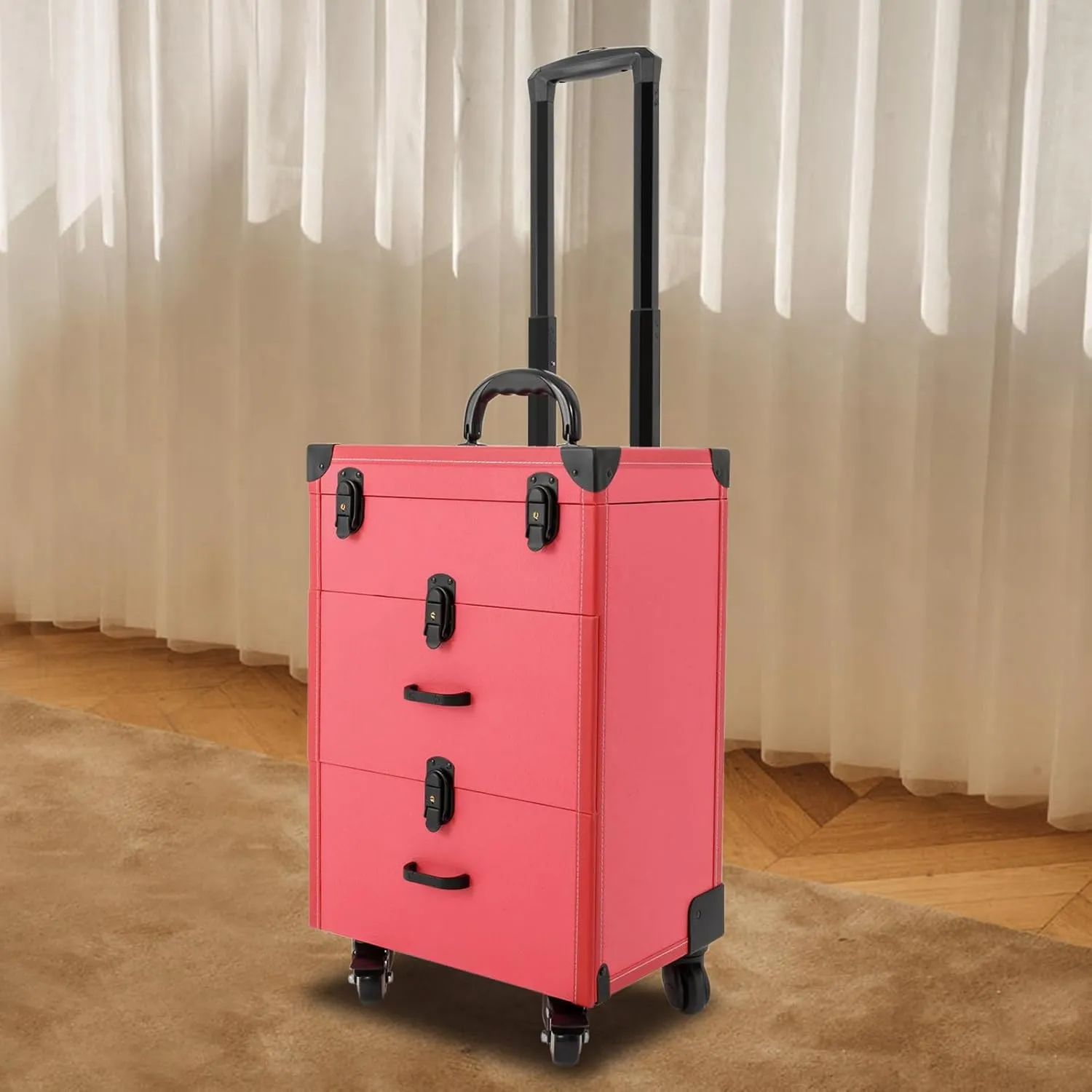 Professional Rolling Makeup Train Case with 4 Universal Wheels & Drawers Large Cosmetic Trolley with Locks, Rolling Nail Case for Nail Tech Organizer Cosmetology Case Rose Red