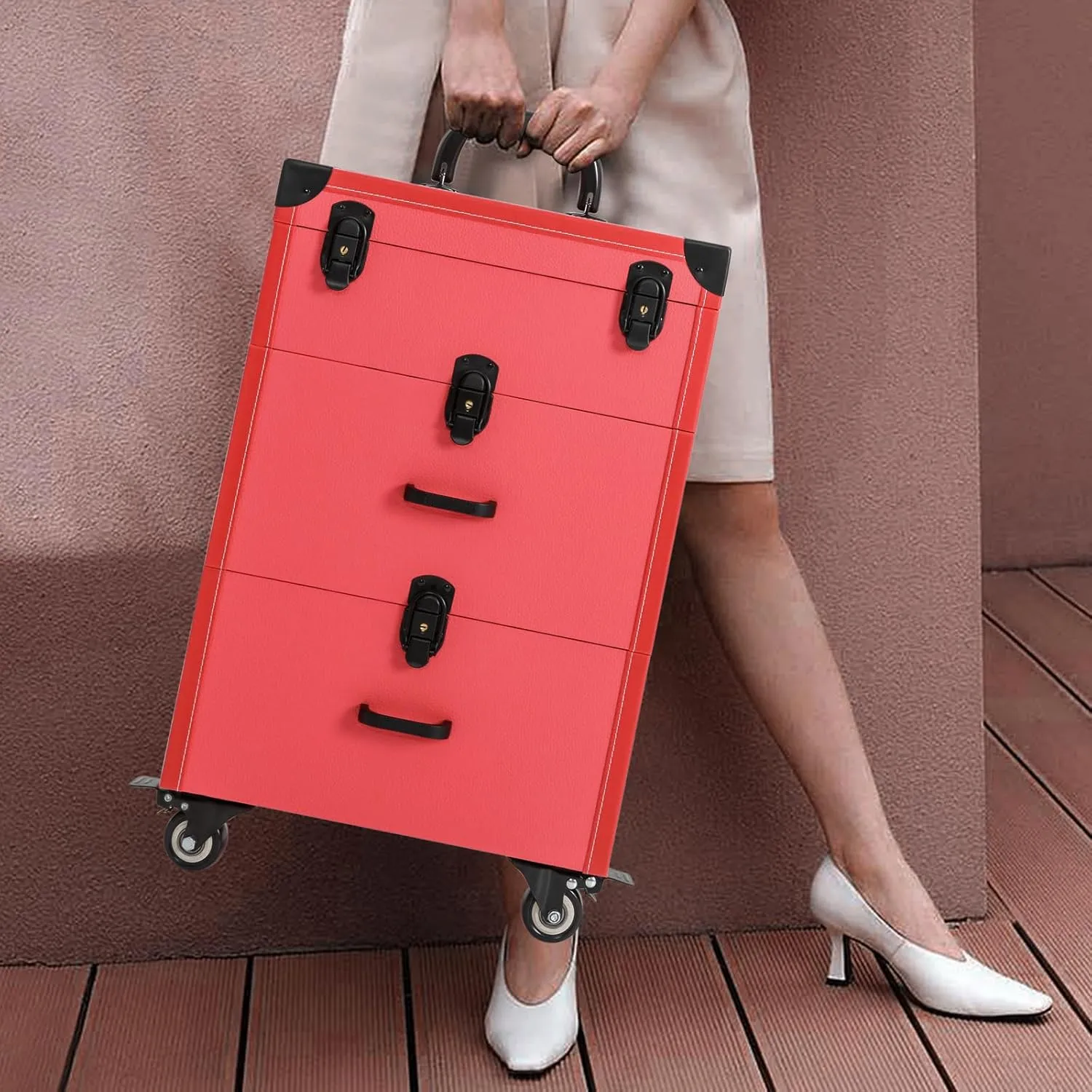 Professional Rolling Makeup Train Case with 4 Universal Wheels & Drawers Large Cosmetic Trolley with Locks, Rolling Nail Case for Nail Tech Organizer Cosmetology Case Rose Red
