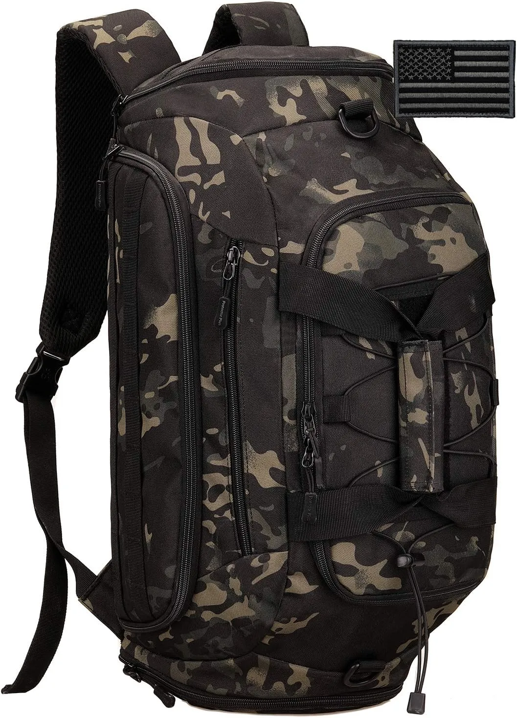 Protector Plus Tactical Duffle Bag Men Sports Gym Backpack Military MOLLE Luggage Suitcase Travel Camping Outdoor Rucksack (Rain Cover & Patch Included), Black Camo, 45L