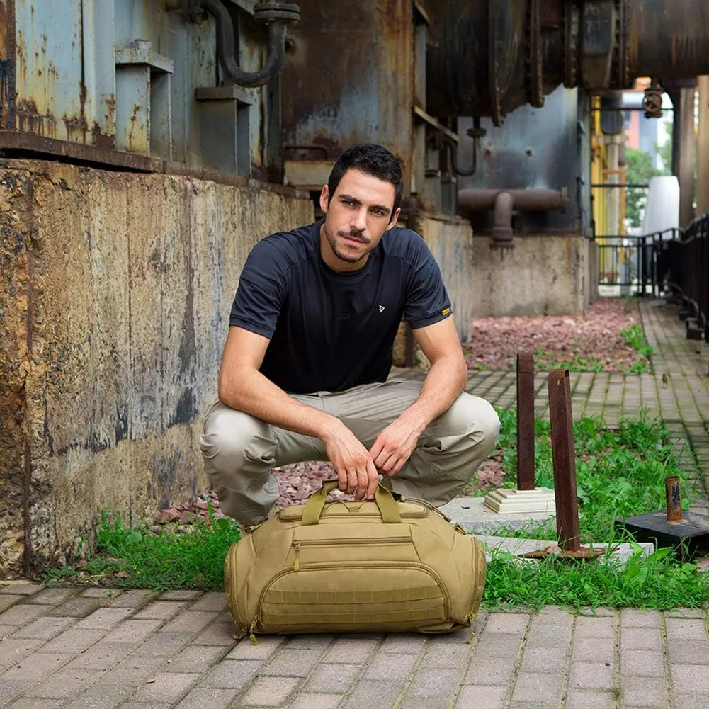 Protector Plus Tactical Duffle Bag Men Sports Gym Backpack Military MOLLE Luggage Suitcase Travel Camping Outdoor Rucksack (Rain Cover & Patch Included), Black Camo, 45L