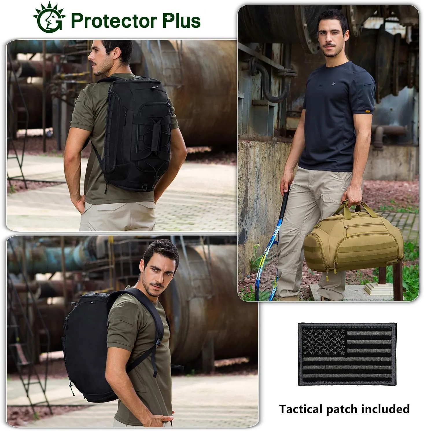 Protector Plus Tactical Duffle Bag Men Sports Gym Backpack Military MOLLE Luggage Suitcase Travel Camping Outdoor Rucksack (Rain Cover & Patch Included), Black Camo, 45L