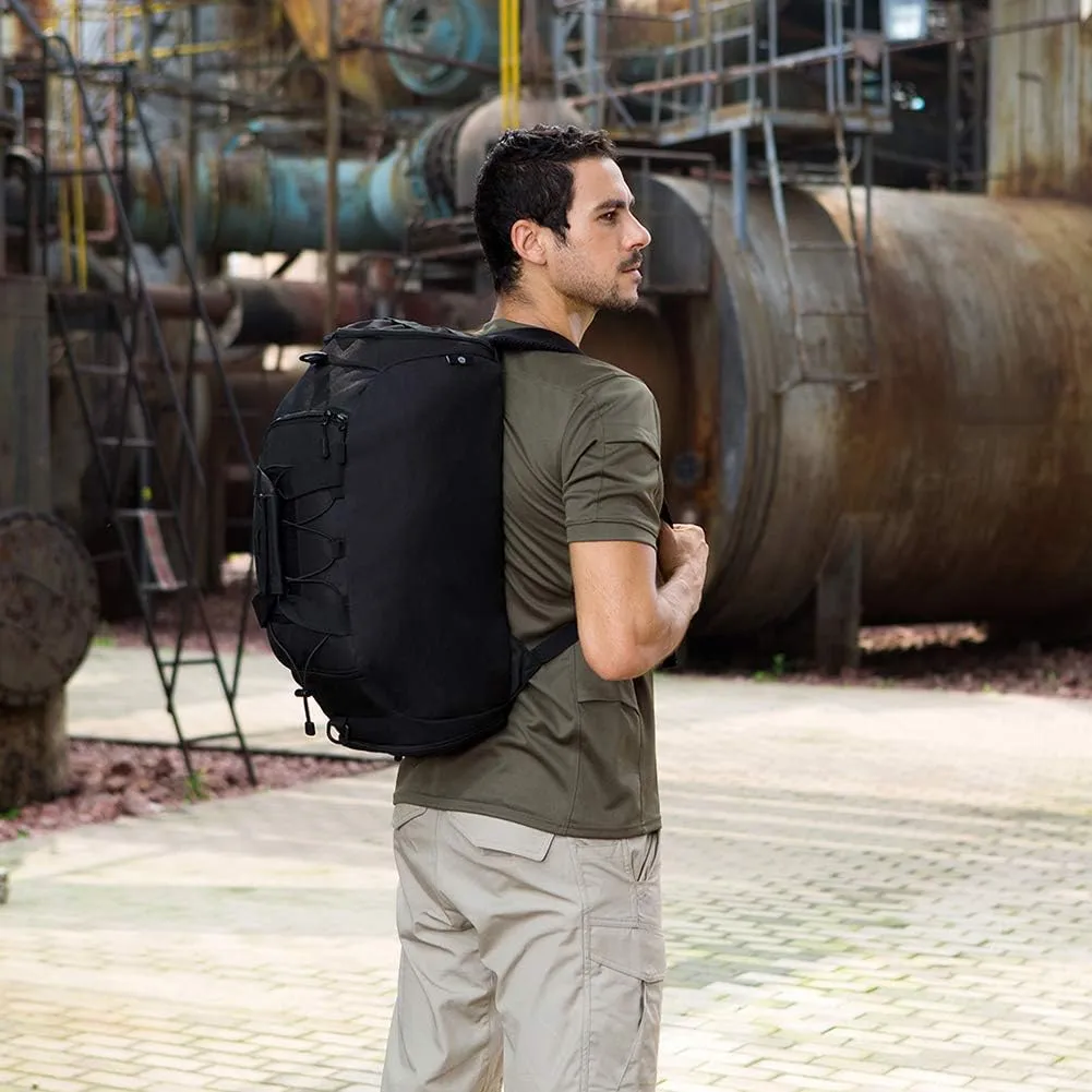 Protector Plus Tactical Duffle Bag Men Sports Gym Backpack Military MOLLE Luggage Suitcase Travel Camping Outdoor Rucksack (Rain Cover & Patch Included), Black Camo, 45L