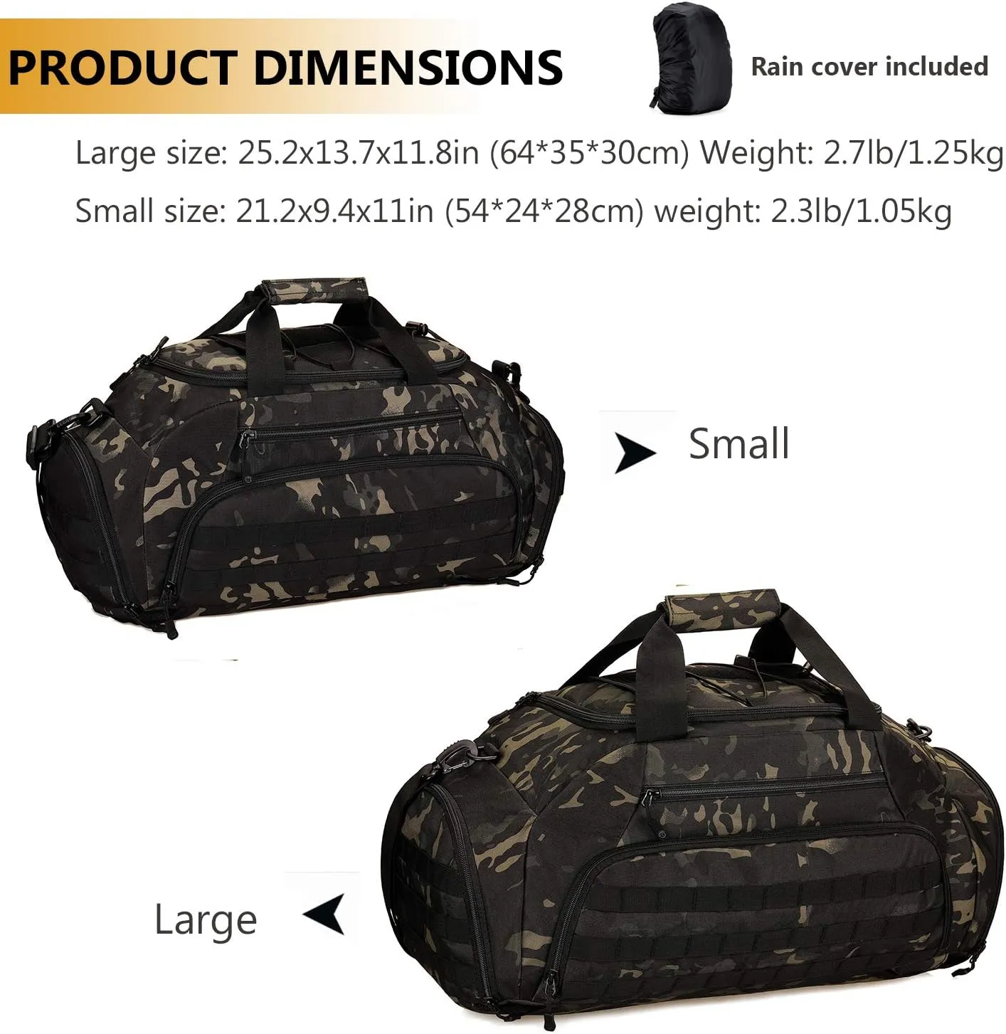 Protector Plus Tactical Duffle Bag Men Sports Gym Backpack Military MOLLE Luggage Suitcase Travel Camping Outdoor Rucksack (Rain Cover & Patch Included), Black Camo, 45L