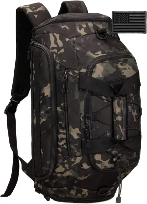 Protector Plus Tactical Duffle Bag Men Sports Gym Backpack Military MOLLE Luggage Suitcase Travel Camping Outdoor Rucksack (Rain Cover & Patch Included), Black Camo, 45L