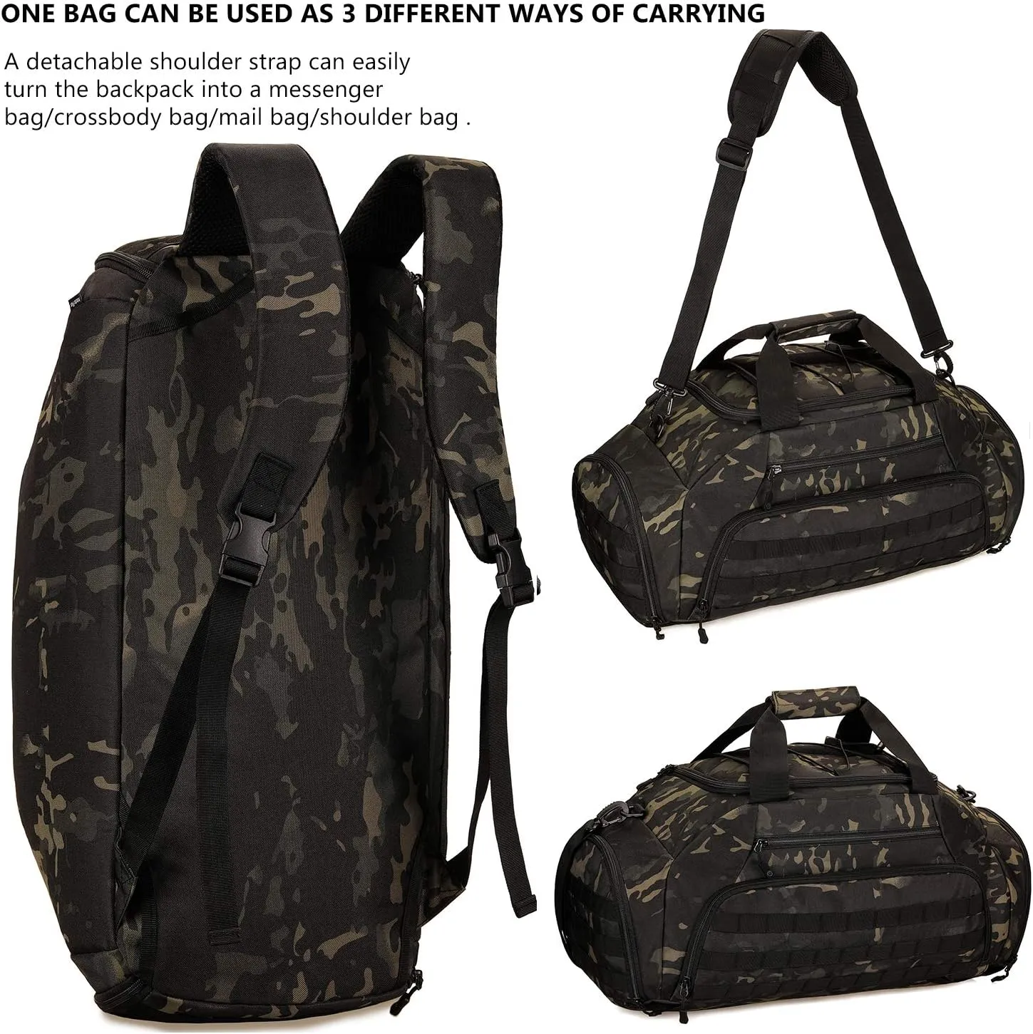 Protector Plus Tactical Duffle Bag Men Sports Gym Backpack Military MOLLE Luggage Suitcase Travel Camping Outdoor Rucksack (Rain Cover & Patch Included), Black Camo, 45L