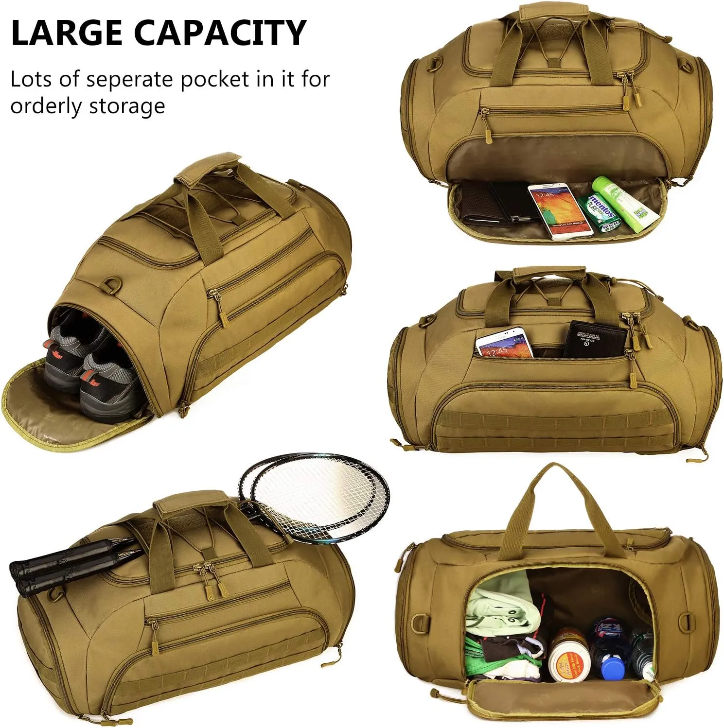 Protector Plus Tactical Duffle Bag Men Sports Gym Backpack Military MOLLE Luggage Suitcase Travel Camping Outdoor Rucksack (Rain Cover & Patch Included), Black Camo, 45L