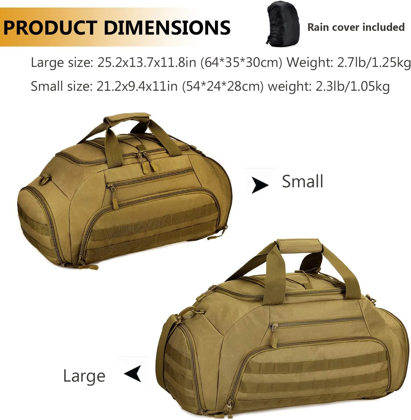 Protector Plus Tactical Duffle Bag Men Sports Gym Backpack Military MOLLE Luggage Suitcase Travel Camping Outdoor Rucksack (Rain Cover & Patch Included), Brown, 35L