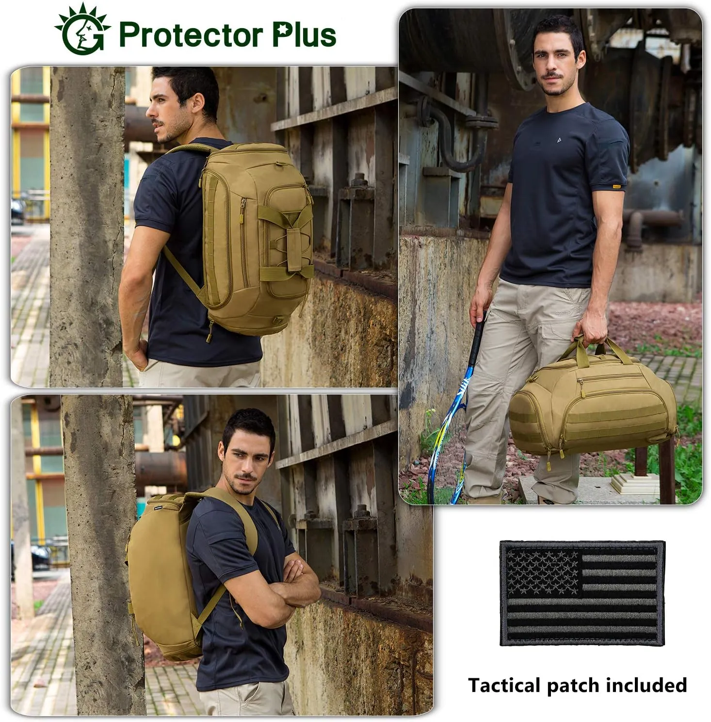 Protector Plus Tactical Duffle Bag Men Sports Gym Backpack Military MOLLE Luggage Suitcase Travel Camping Outdoor Rucksack (Rain Cover & Patch Included), Brown, 35L