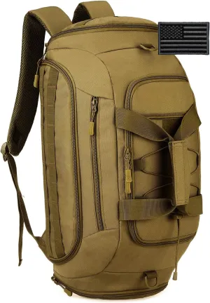 Protector Plus Tactical Duffle Bag Men Sports Gym Backpack Military MOLLE Luggage Suitcase Travel Camping Outdoor Rucksack (Rain Cover & Patch Included), Brown, 35L