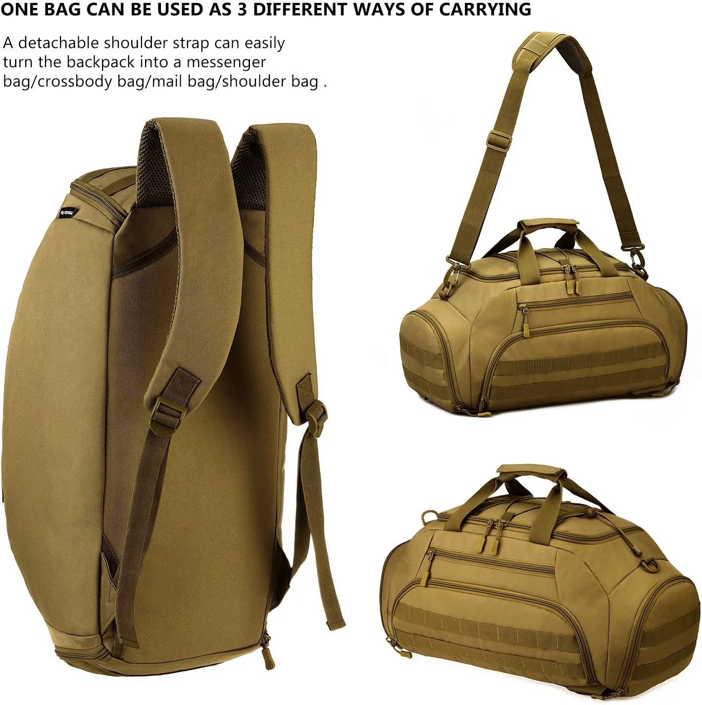 Protector Plus Tactical Duffle Bag Men Sports Gym Backpack Military MOLLE Luggage Suitcase Travel Camping Outdoor Rucksack (Rain Cover & Patch Included), Brown, 35L