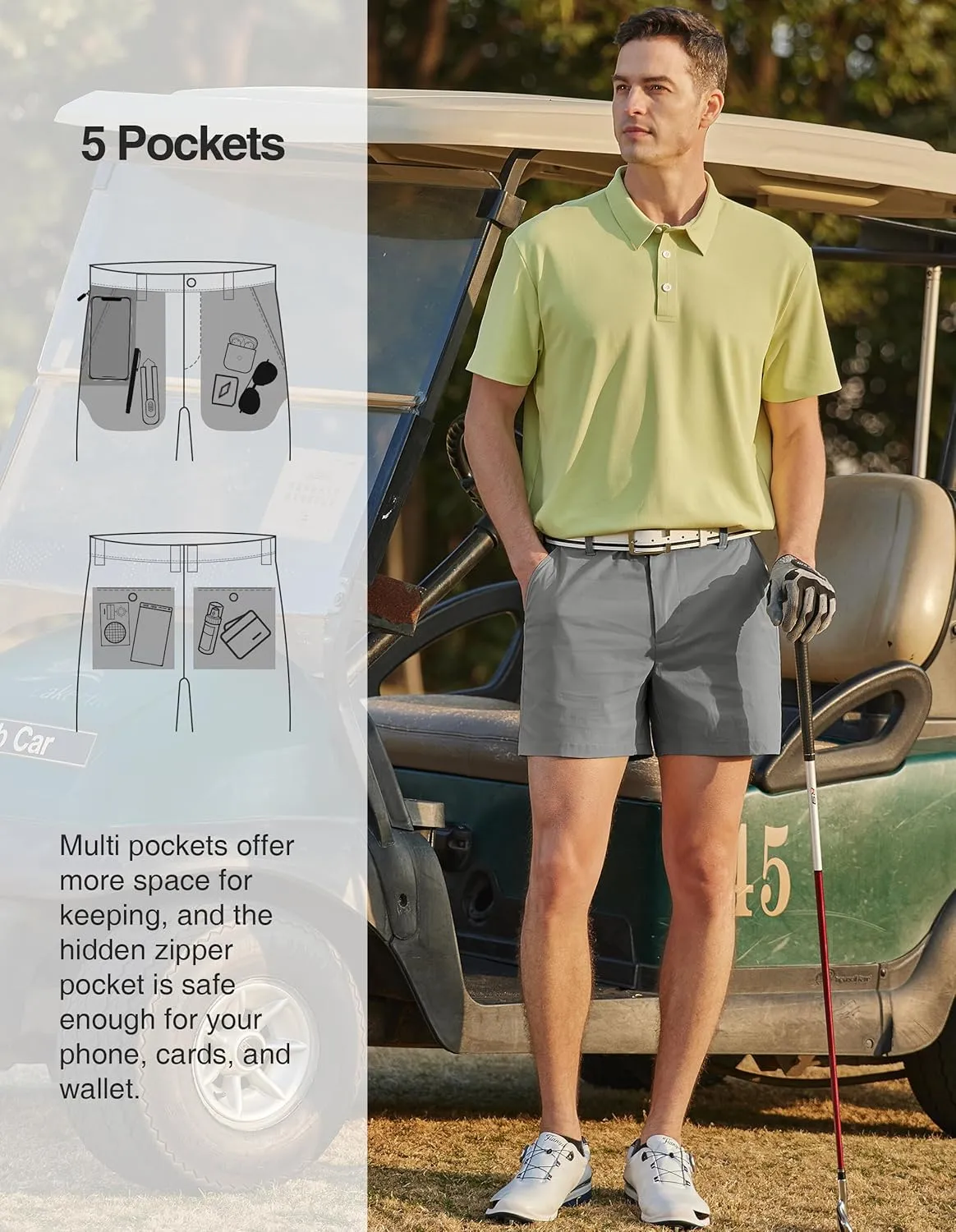 PULI Golf Shorts Men Relaxed Fit Stretch Dress Lightweight Casual Waterproof Travel Quick Dry Summer Shorts 5 Inch Inseam