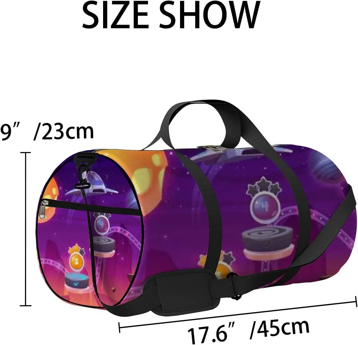 Purple Cute Spaceships and Alien Galaxy Sports Bag Tote Bag Waterproof Gym Bag with Shoulder Strap Zipper 2 Side Pockets for Men and Women, Travel and Storage Shoulder Bag.
