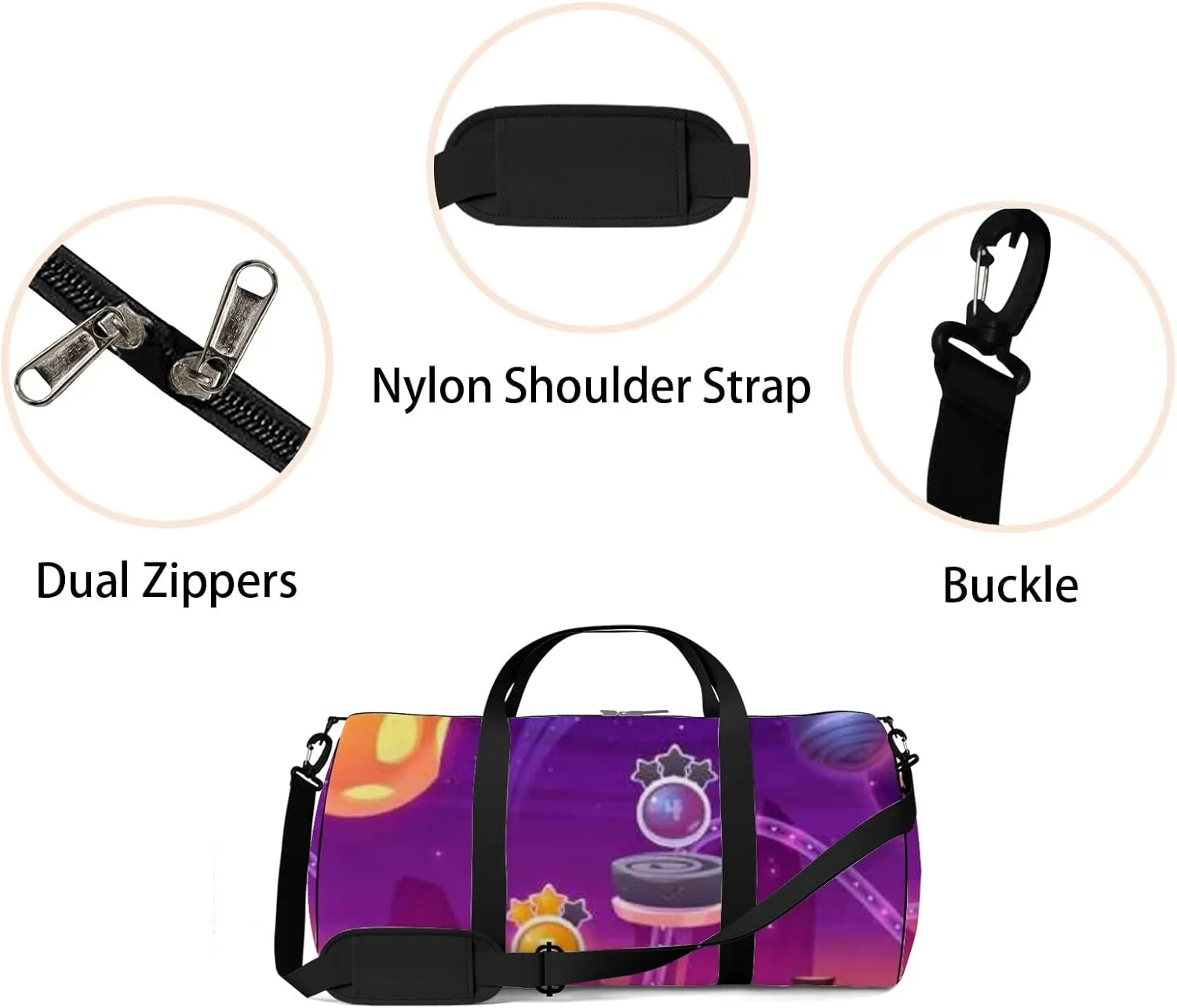 Purple Cute Spaceships and Alien Galaxy Sports Bag Tote Bag Waterproof Gym Bag with Shoulder Strap Zipper 2 Side Pockets for Men and Women, Travel and Storage Shoulder Bag.