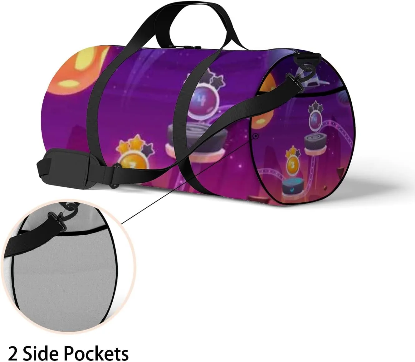 Purple Cute Spaceships and Alien Galaxy Sports Bag Tote Bag Waterproof Gym Bag with Shoulder Strap Zipper 2 Side Pockets for Men and Women, Travel and Storage Shoulder Bag.