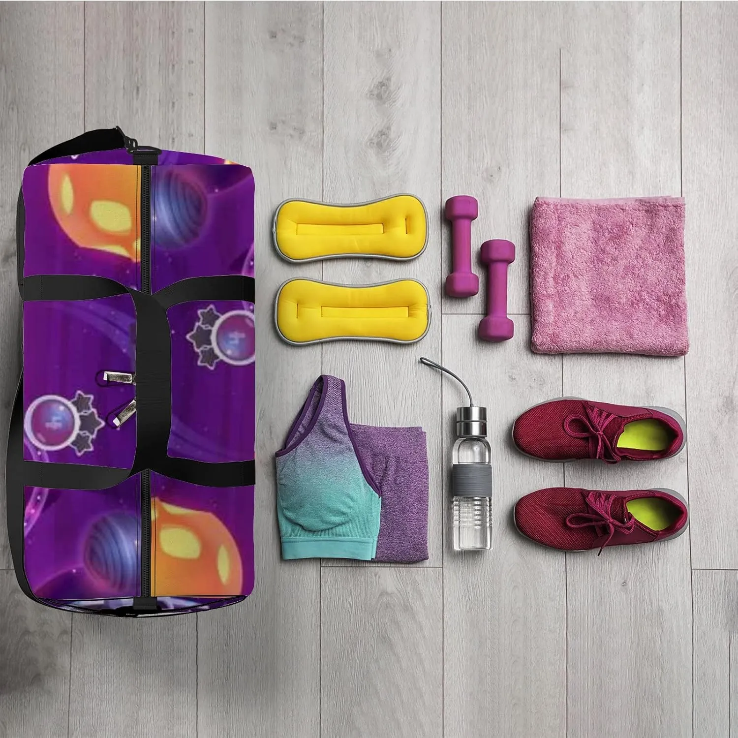 Purple Cute Spaceships and Alien Galaxy Sports Bag Tote Bag Waterproof Gym Bag with Shoulder Strap Zipper 2 Side Pockets for Men and Women, Travel and Storage Shoulder Bag.
