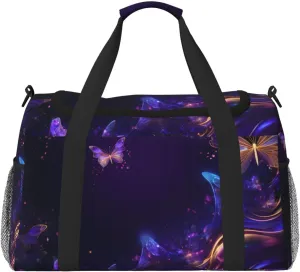 Purple Gold Butterfly Duffle Bag for Travel Fantasy Galaxy Sports Gym Tote Carry On Bag Large Shoulder Weekend Overnight for Workout
