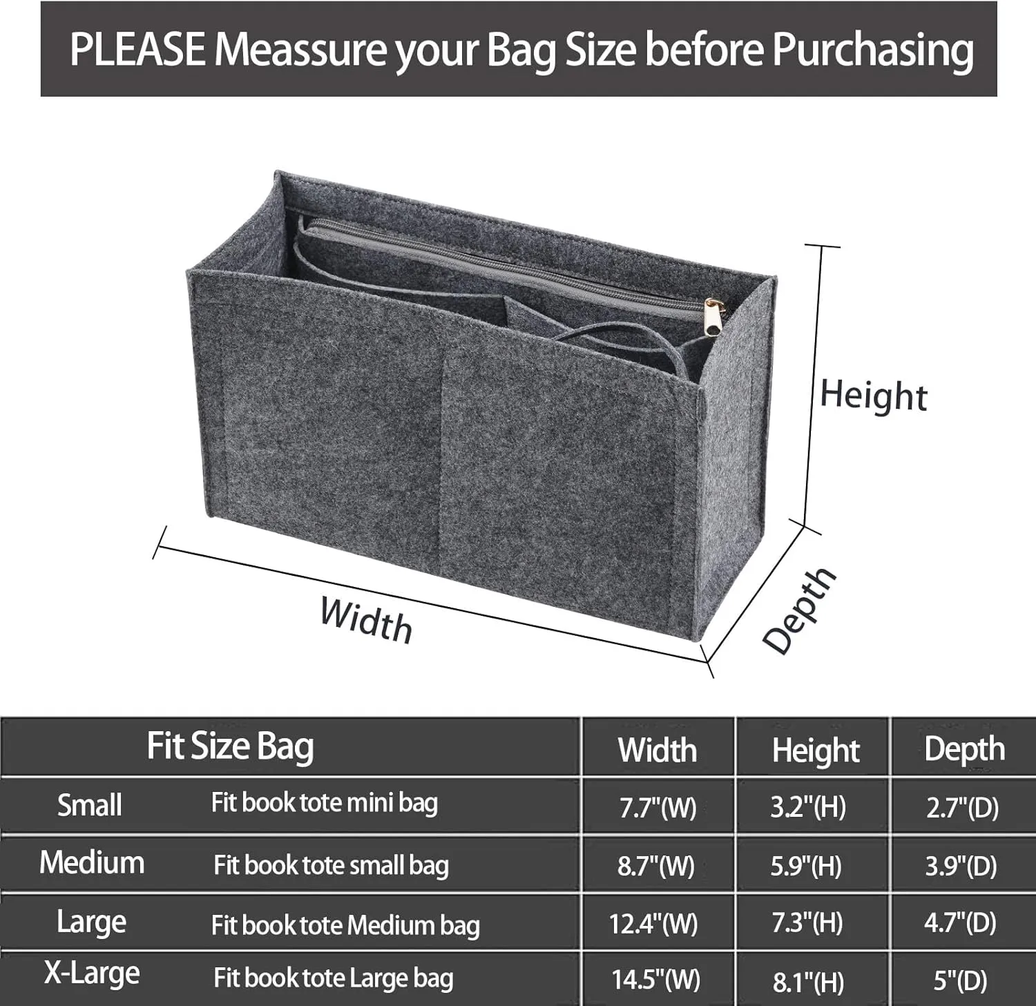 Purse Insert Organizer for dior book tote Large Bag Insert Premium Purse Felt Insert Multiple Pockets (Grey, X-Large), KS12-Grey-XL