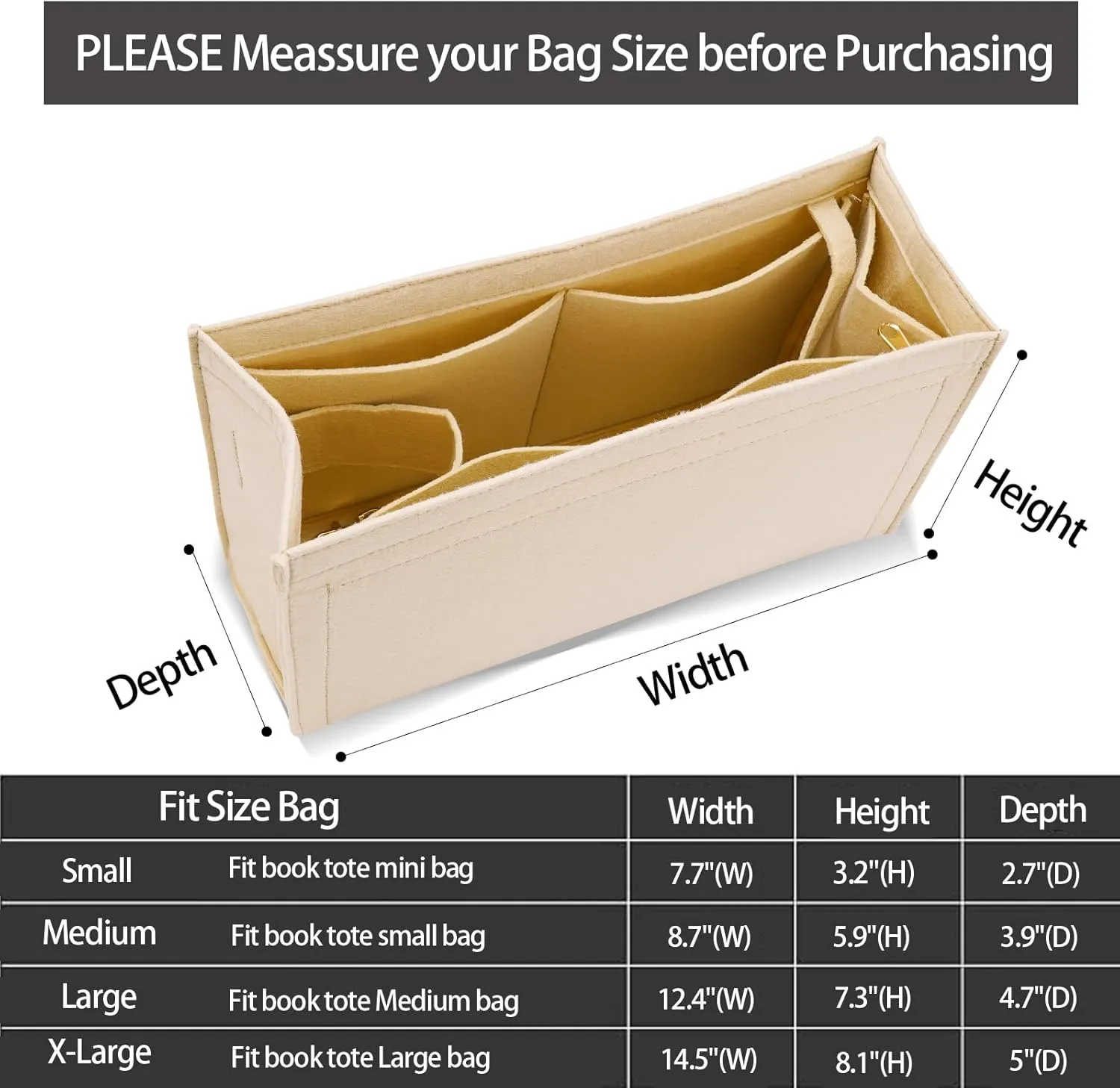 Purse Insert Organizer for Dior Book Tote Large Bag - Premium Felt With Multiple Pockets (X-Large, Khaki)