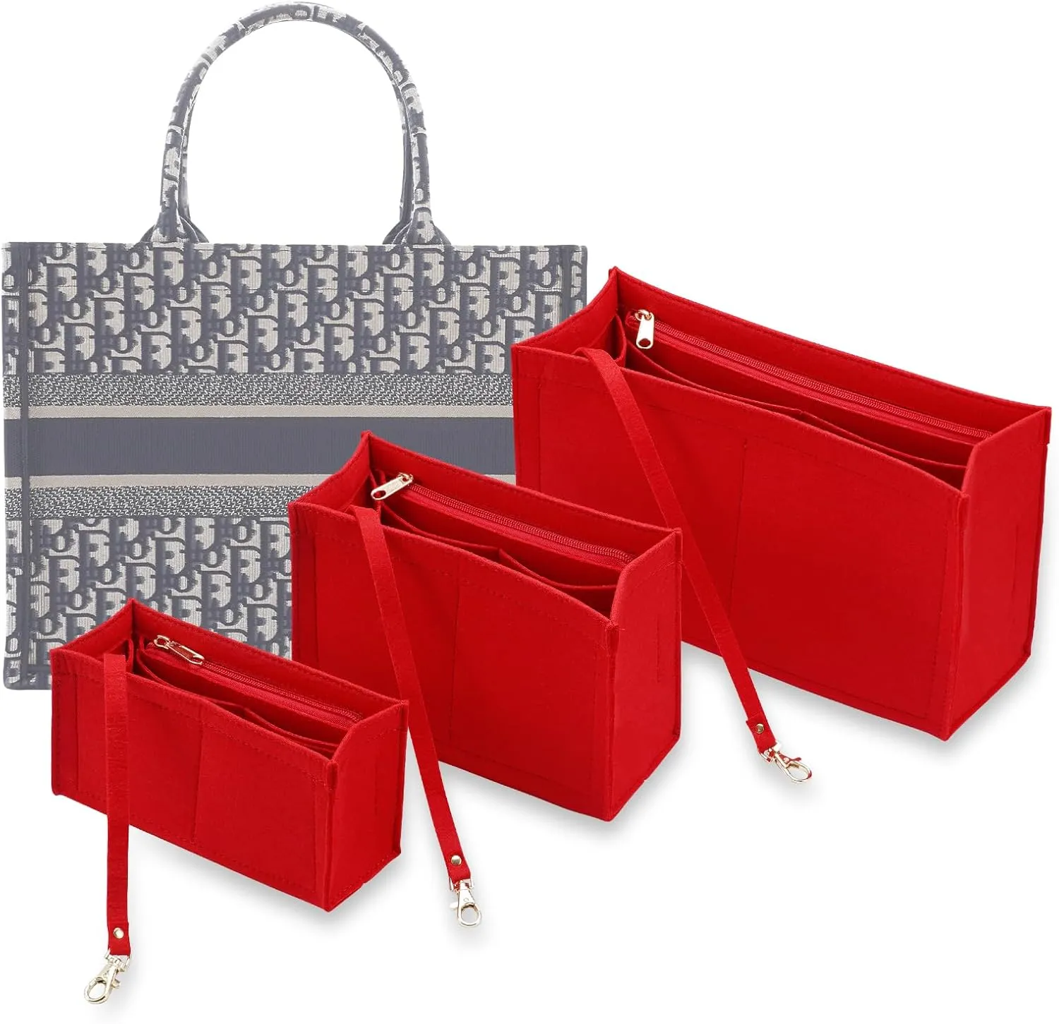 Purse Insert Organizer for dior book tote Small Bag Insert Premium Purse Felt Insert Multiple Pockets (Medium, Red)