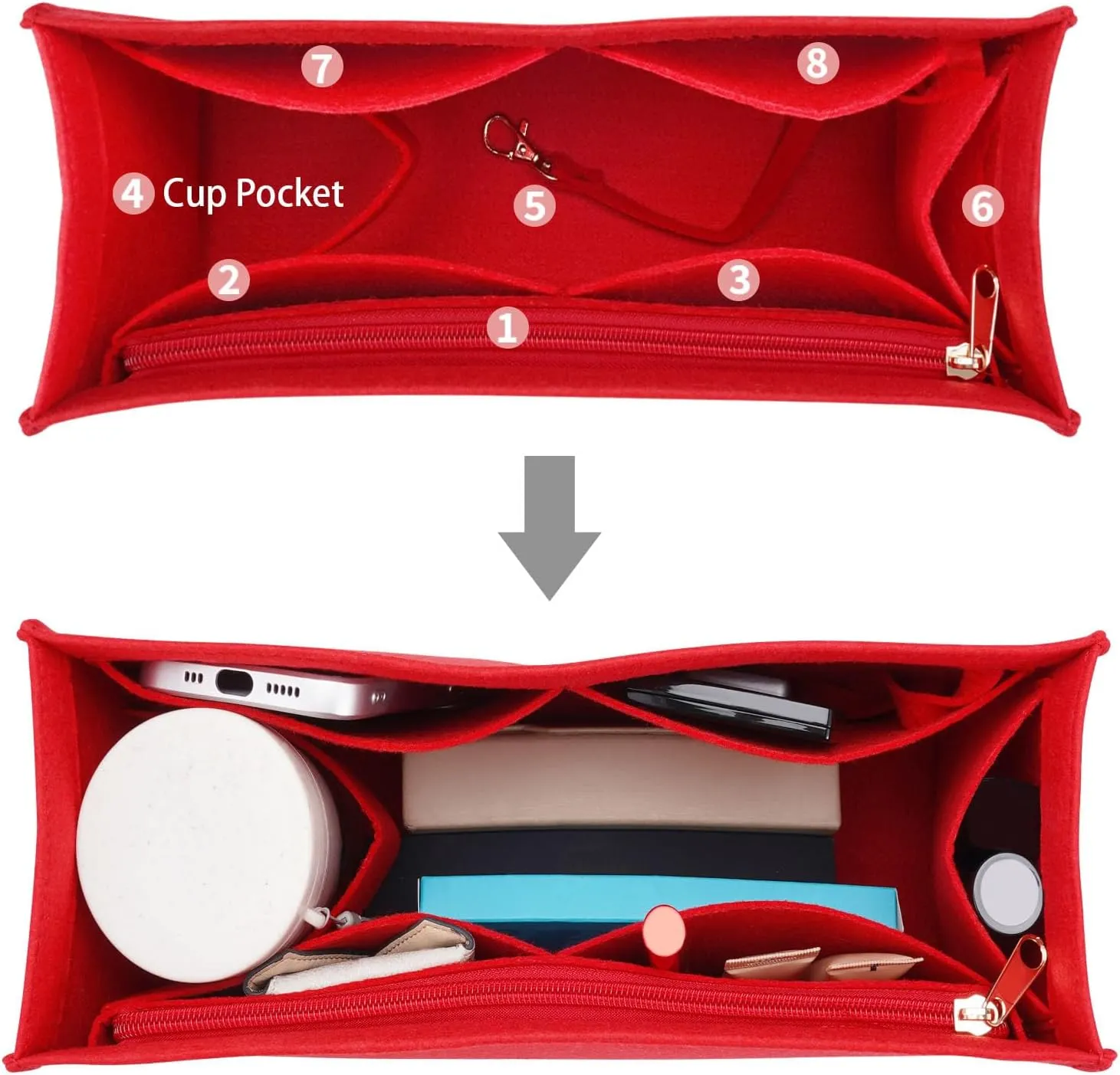 Purse Insert Organizer for dior book tote Small Bag Insert Premium Purse Felt Insert Multiple Pockets (Medium, Red)