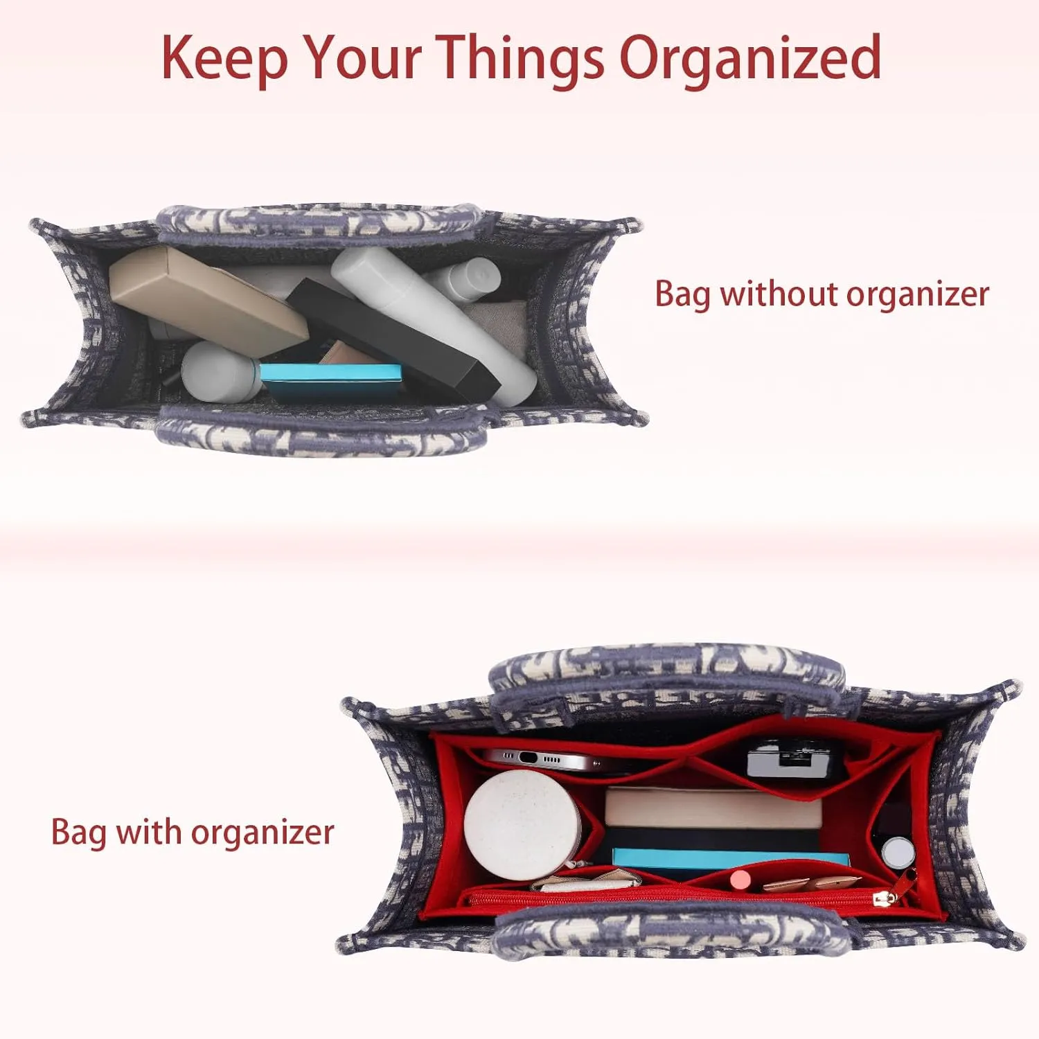 Purse Insert Organizer for dior book tote Small Bag Insert Premium Purse Felt Insert Multiple Pockets (Medium, Red)