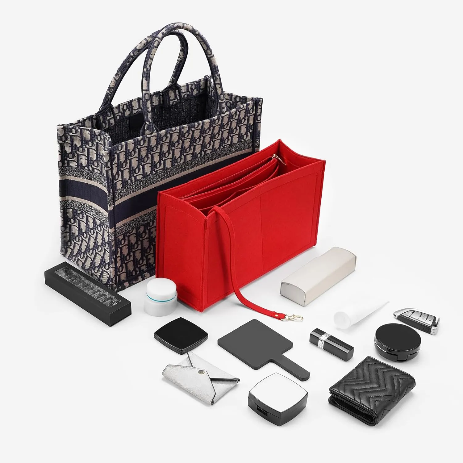 Purse Insert Organizer for dior book tote Small Bag Insert Premium Purse Felt Insert Multiple Pockets (Medium, Red)