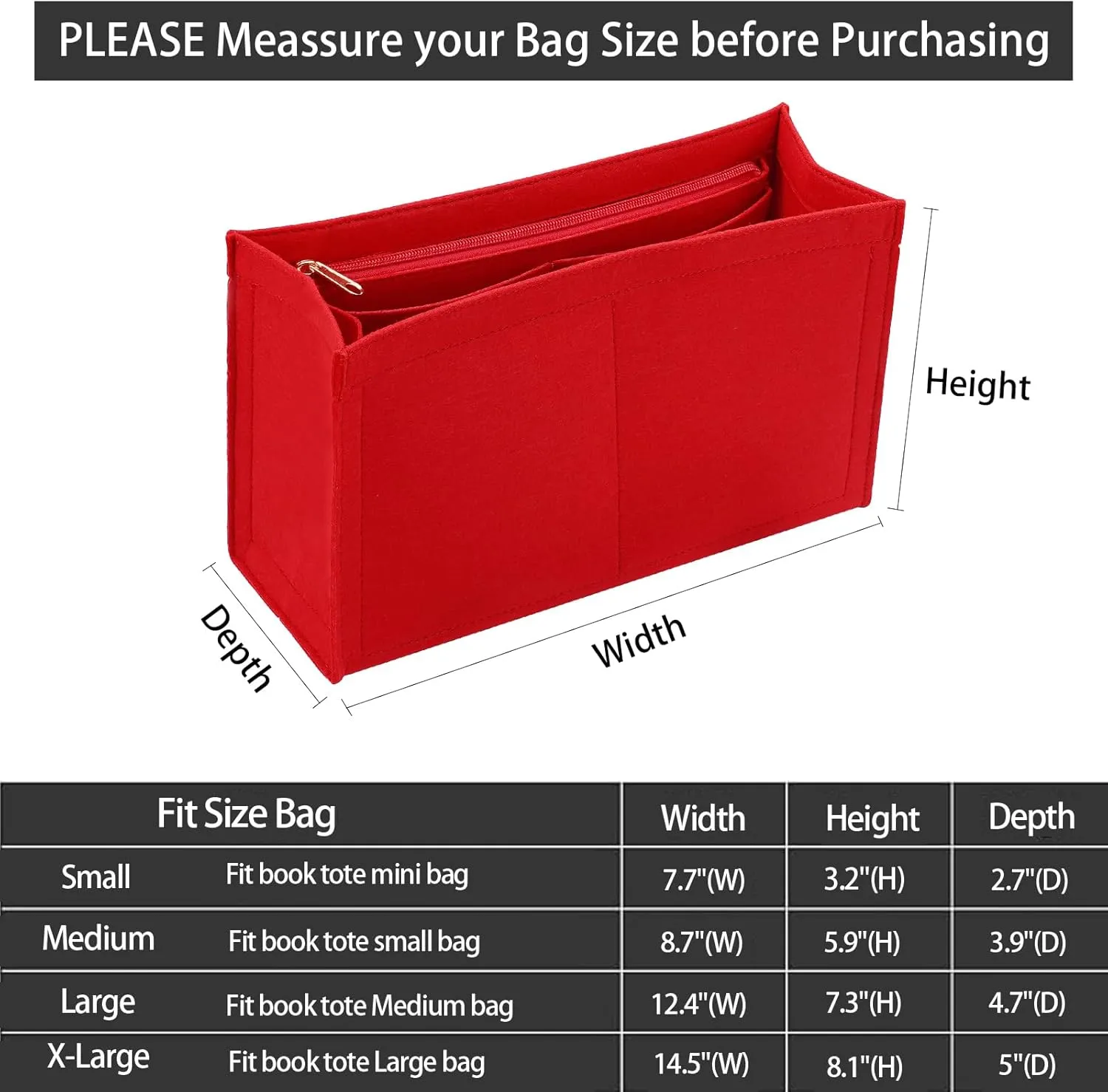 Purse Insert Organizer for dior book tote Small Bag Insert Premium Purse Felt Insert Multiple Pockets (Medium, Red)