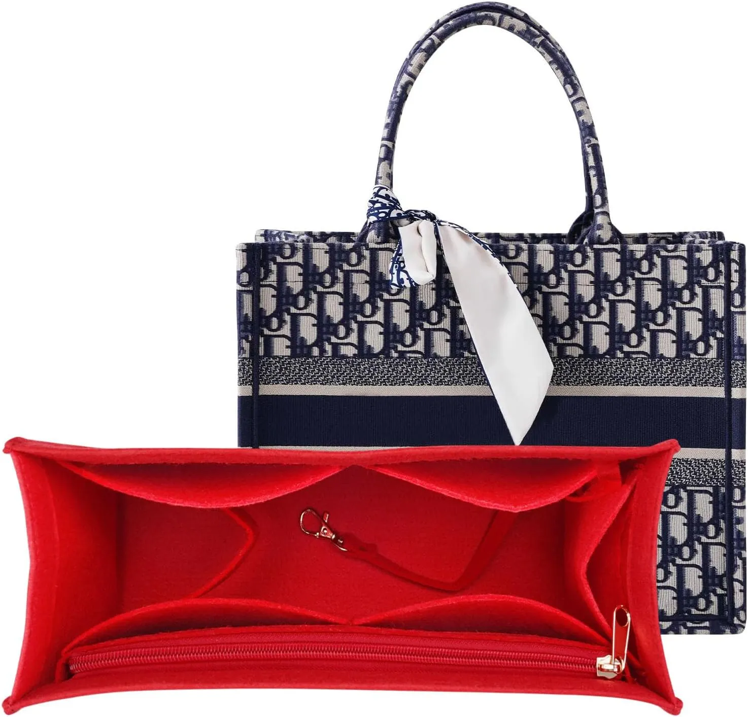 Purse Insert Organizer for dior book tote Small Bag Insert Premium Purse Felt Insert Multiple Pockets (Medium, Red)