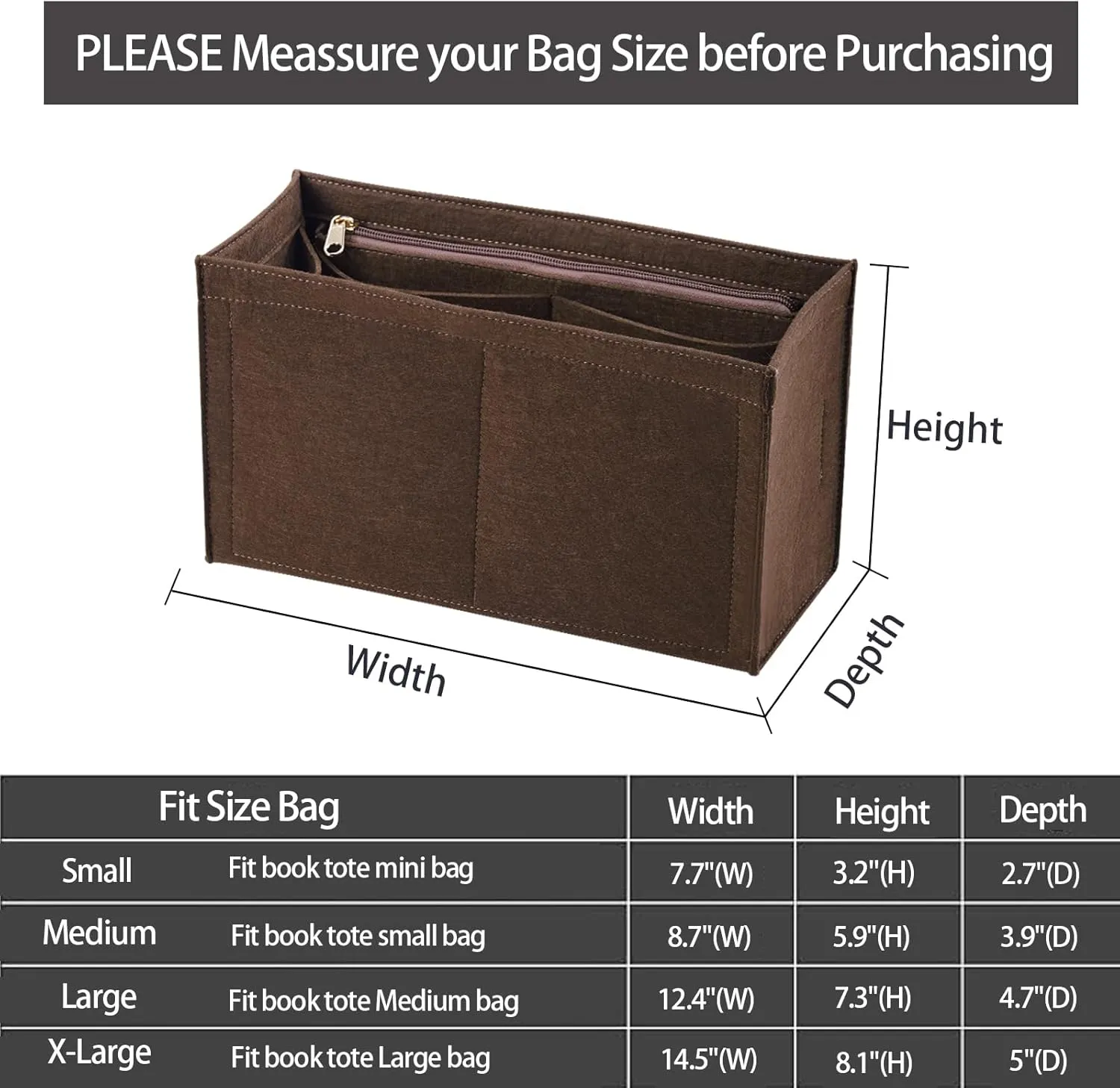Purse Insert Organizer for Mini dior book tote Bag Insert, Premium Purse Felt Insert Multiple Pockets (Brown, Small), KS12-Brown-S