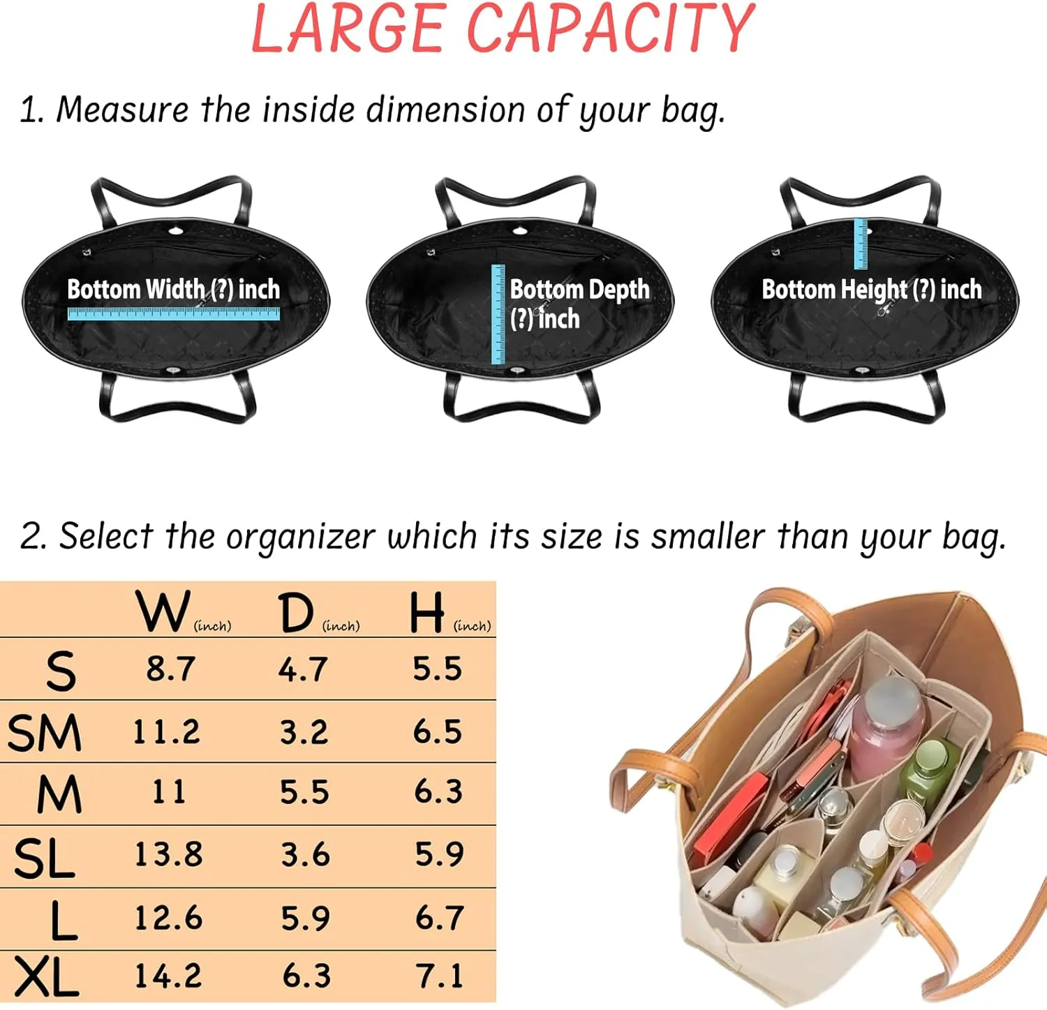 Purse Organizer Insert - Felt Bag Organizer for Tote Purse Bag with 14 Pockets - Beige Medium