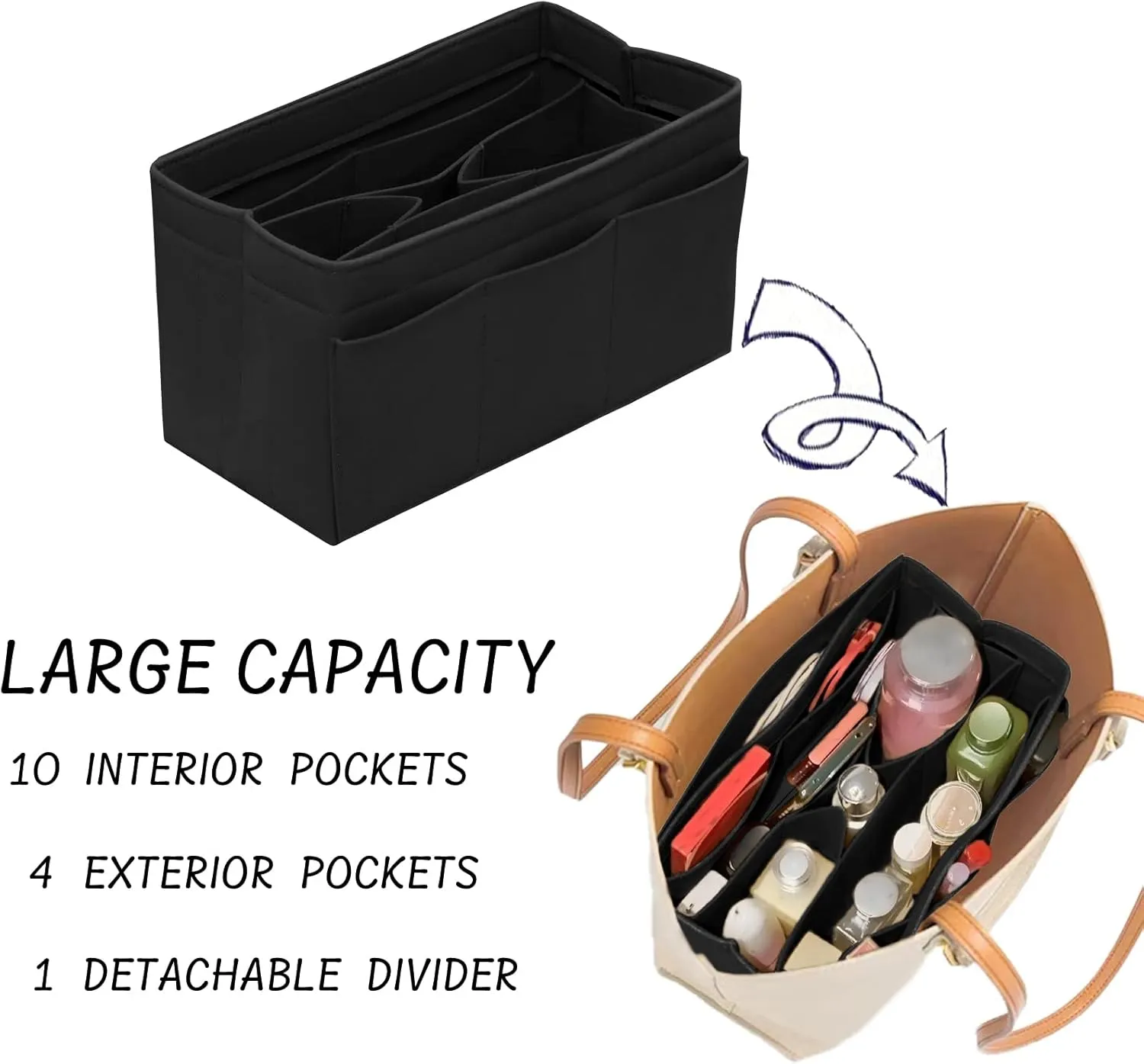 Purse Organizer Insert - Felt Bag Organizer for Tote Purse Bag with 14 Pockets - Black Medium