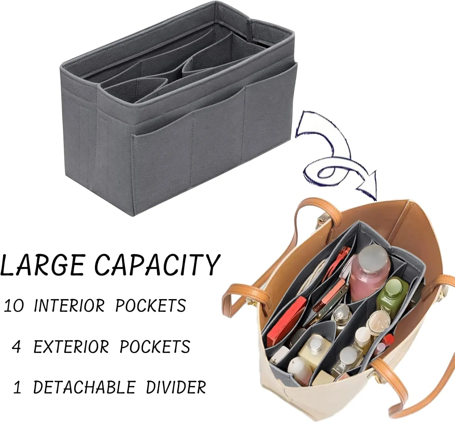 Purse Organizer Insert - Felt Bag Organizer for Tote Purse Bag with 14 Pockets - Grey Large