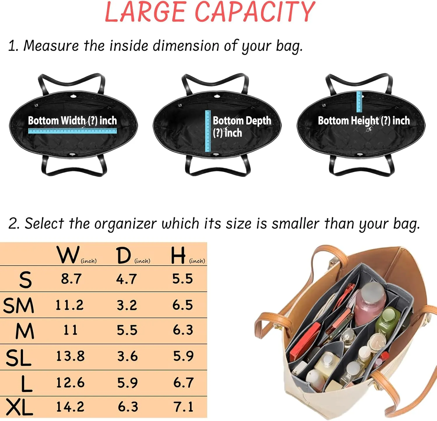 Purse Organizer Insert - Felt Bag Organizer for Tote Purse Bag with 14 Pockets - Grey Large