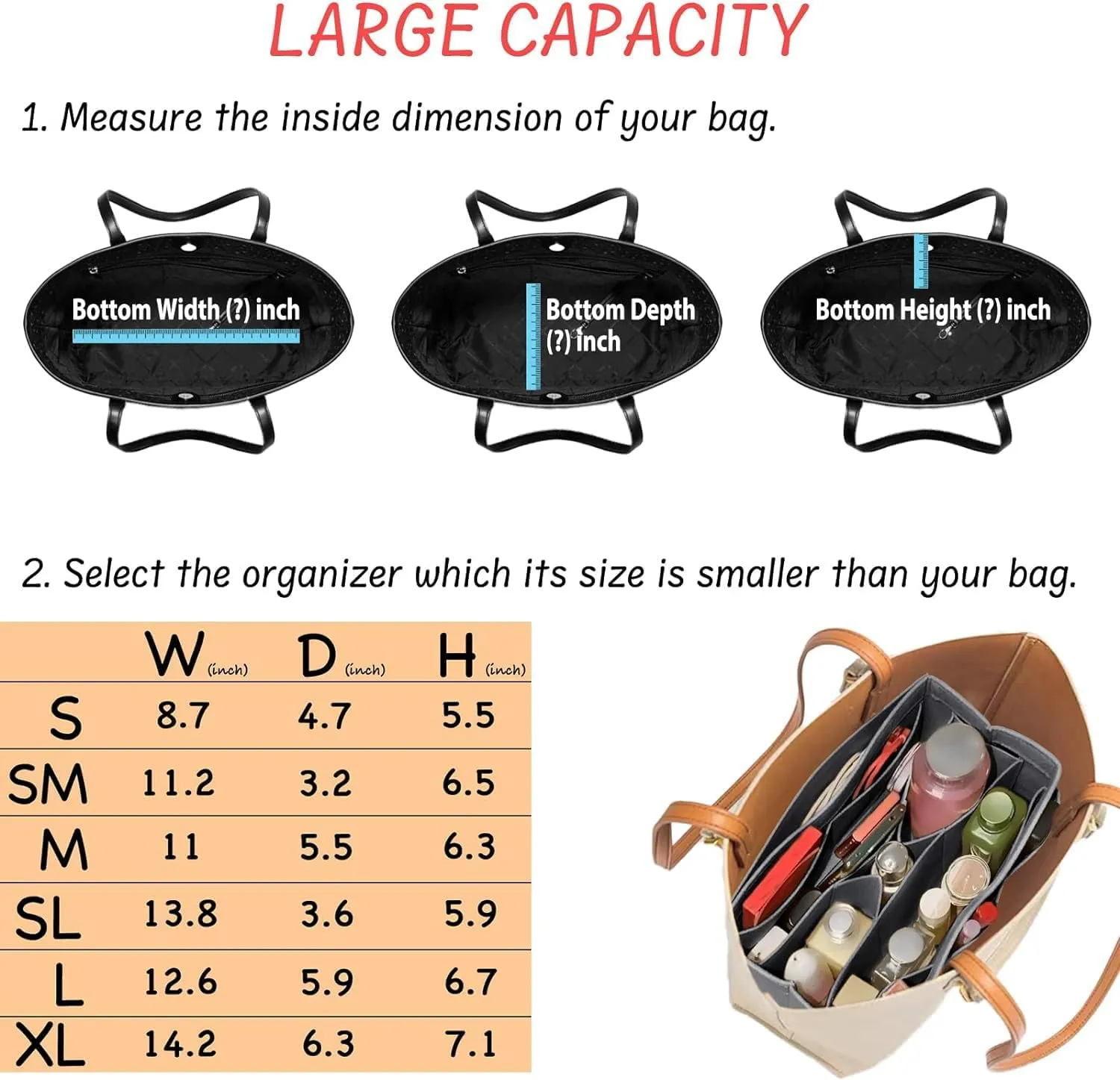 Purse Organizer Insert - Felt Bag Organizer for Tote Purse Bag with 14 Pockets - Grey Small