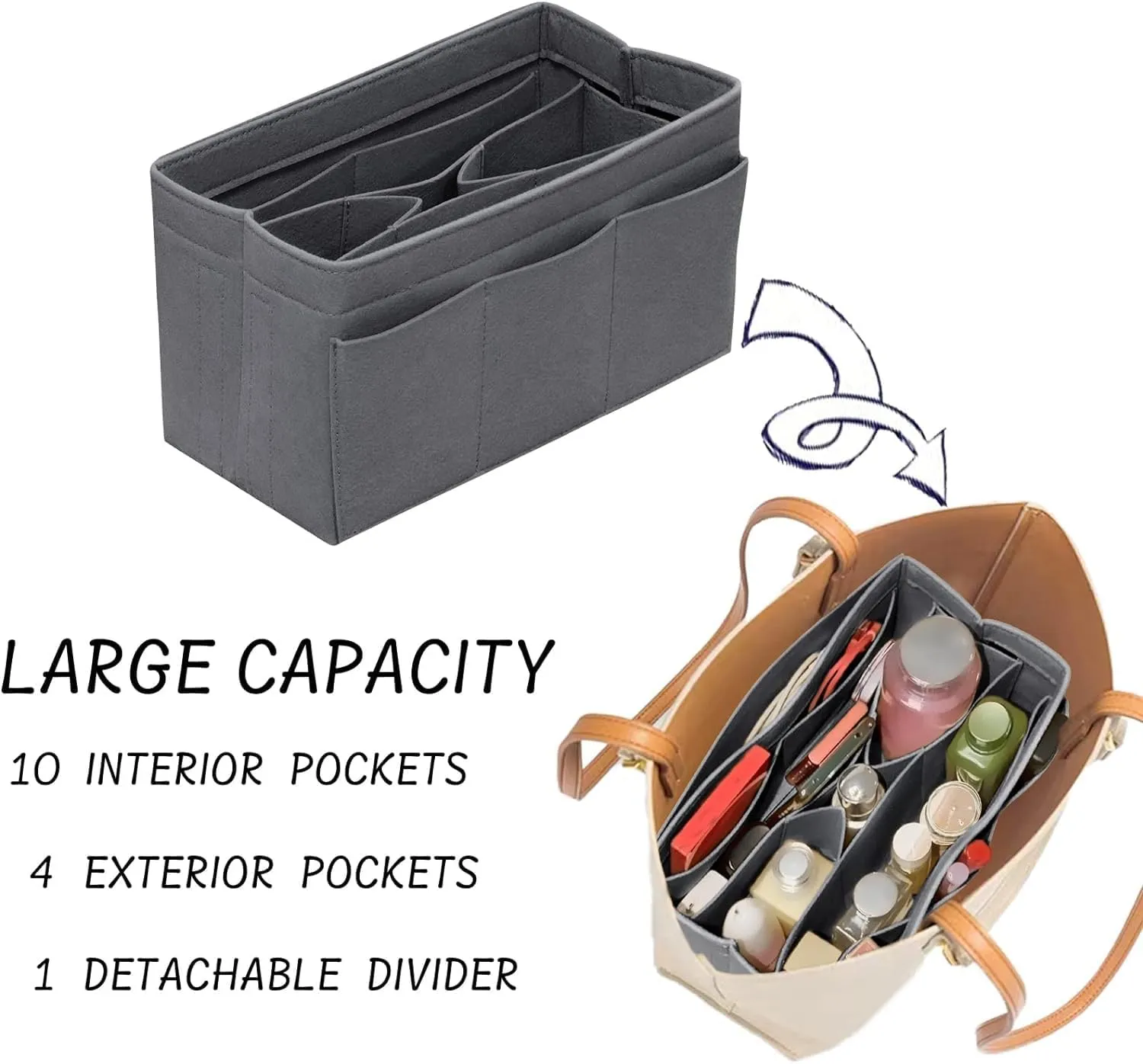 Purse Organizer Insert - Felt Bag Organizer for Tote Purse Bag with 14 Pockets - Grey Small