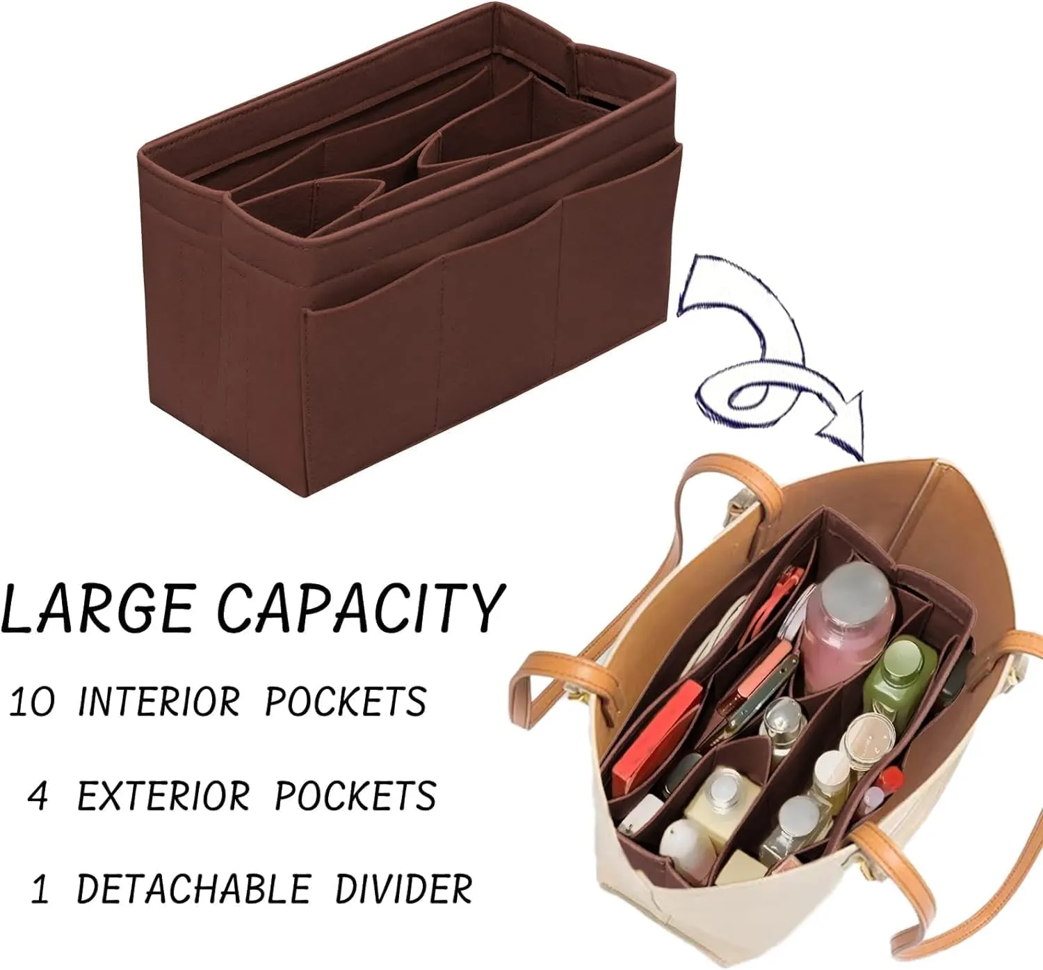 Purse Organizer Insert Felt Bag Organizer Handbag Organizer Insert Bag In Bag Organizer for Tote Purse Bag 14 Pockets Brown X-Large