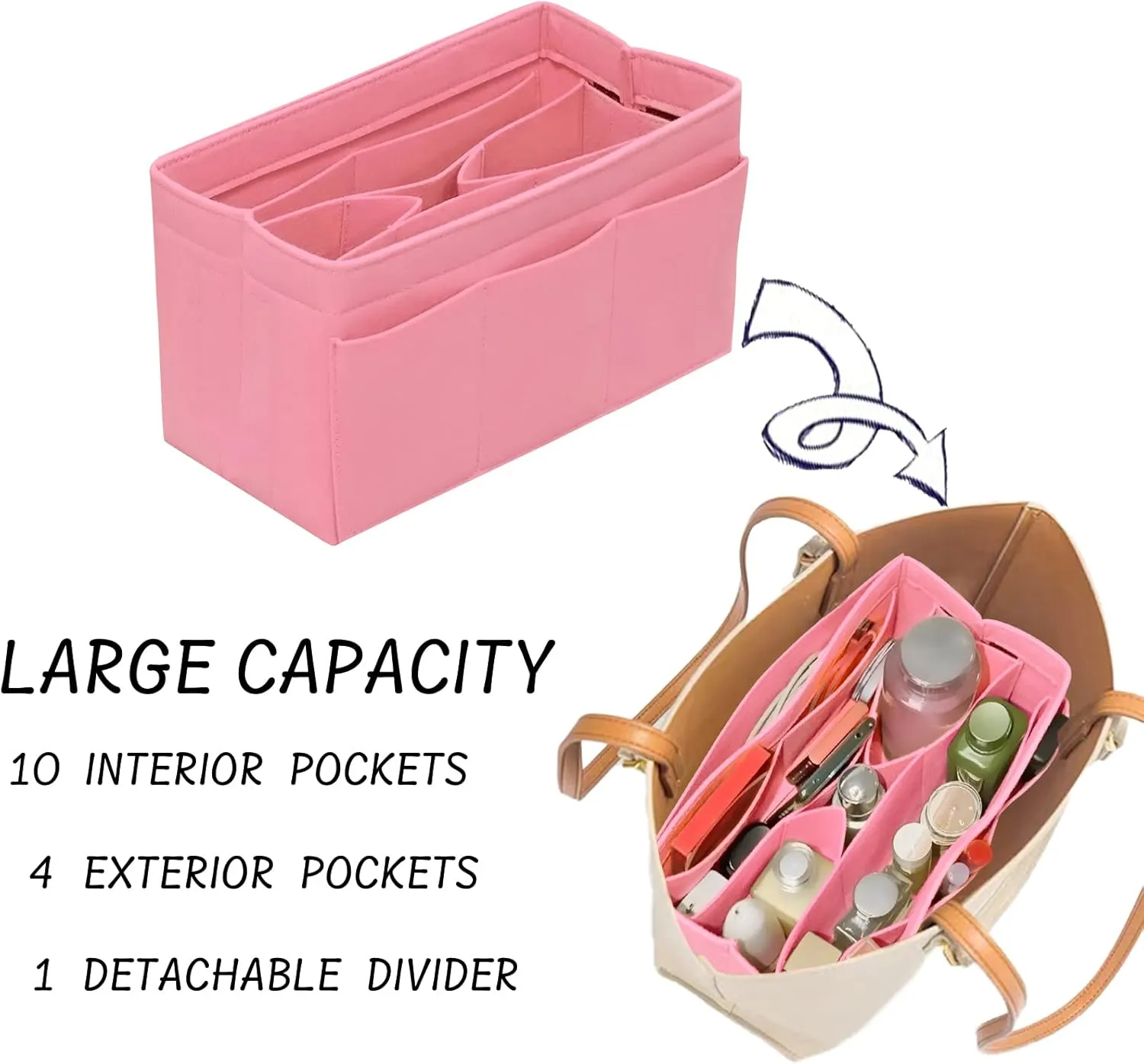 Purse Organizer Insert Felt Bag Organizer Handbag Organizer Insert Bag In Bag Organizer for Tote Purse Bag 14 Pockets Pink Medium