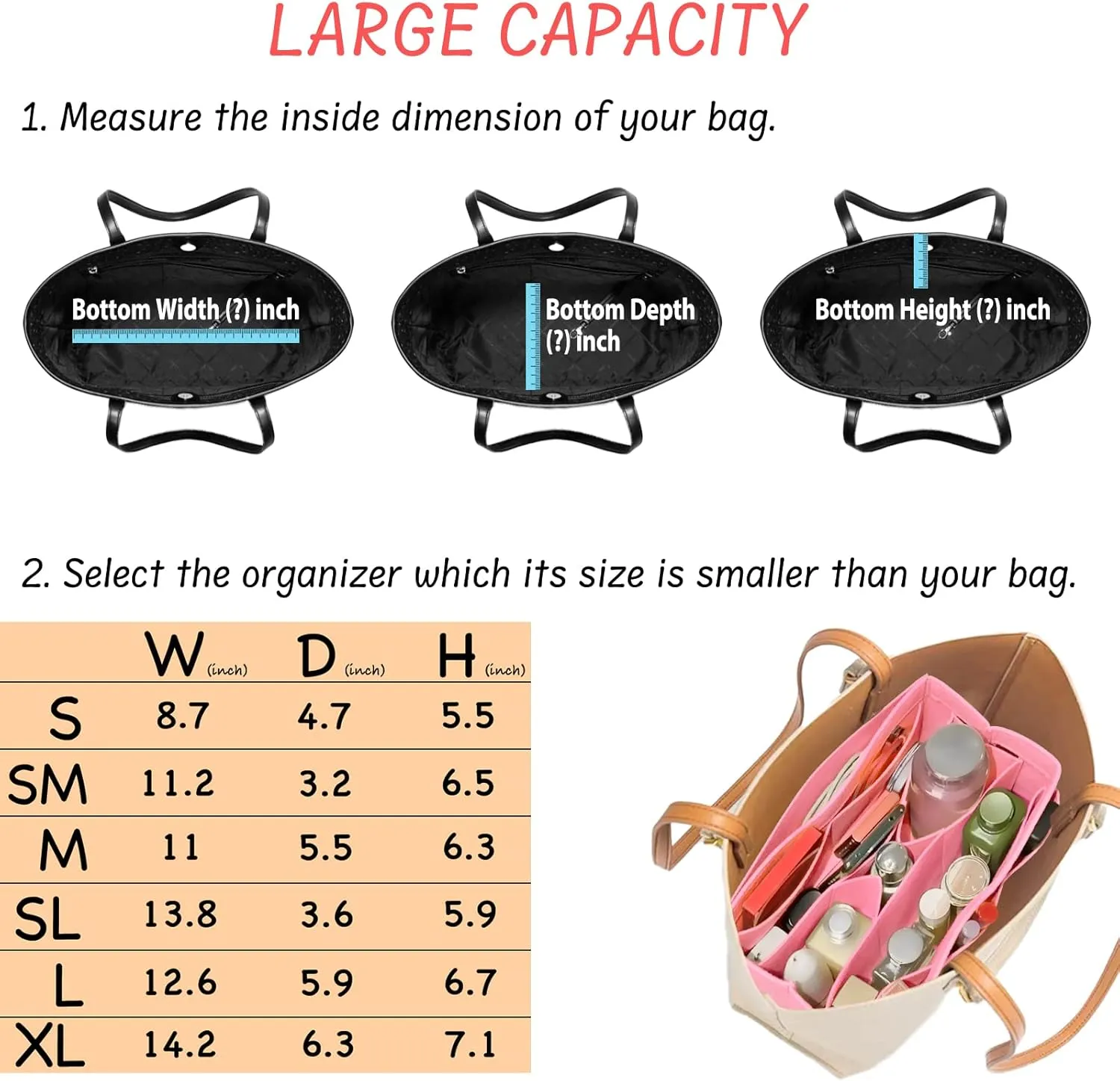 Purse Organizer Insert Felt Bag Organizer Handbag Organizer Insert Bag In Bag Organizer for Tote Purse Bag 14 Pockets Pink Medium