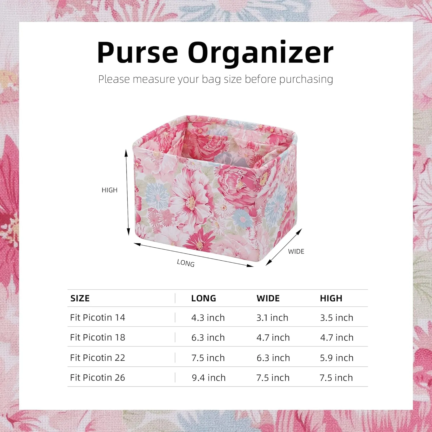 Purse Organizer Insert Fits Picotin 14/18/22/26 bags, Lightweight Bag Shaper for Women Luxury Handbag Tote, Soft Inner Bag (PC18, Blooming)