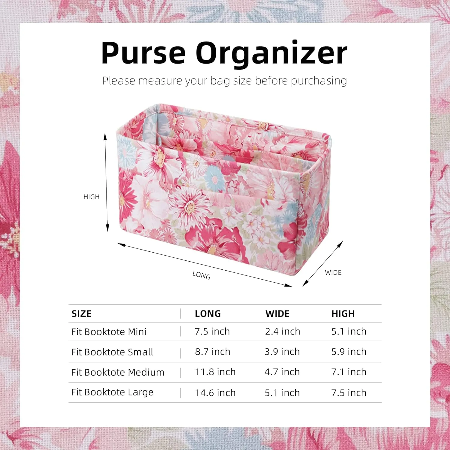 Purse Organizer Insert For Dior Booktote mini/S/M/L, Lightweight Bag Shaper Liner, Soft Women Luxury Handbag Tote Inner Bag (Booktote Medium,Blooming)