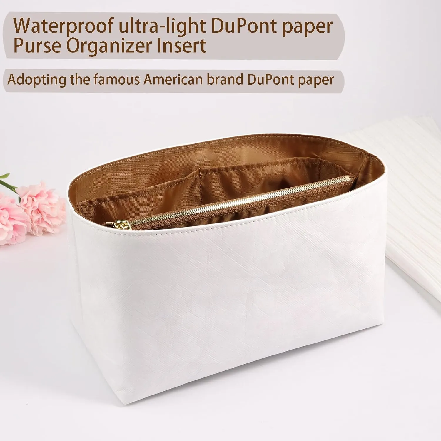 Purse Organizer Insert for handbag，Dupont paper Ultra-Light weight Bag Organizer Insert for LV Speedy 25 Waterproof (Medium-white brown)