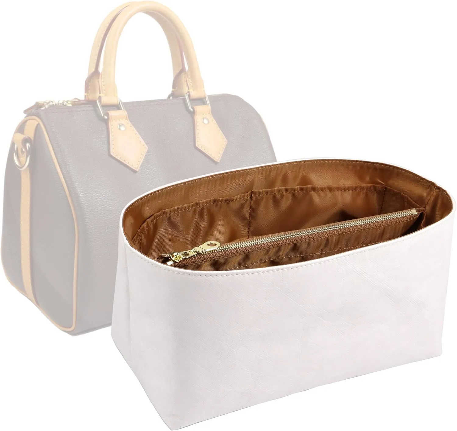 Purse Organizer Insert for handbag，Dupont paper Ultra-Light weight Bag Organizer Insert for LV Speedy 25 Waterproof (Medium-white brown)