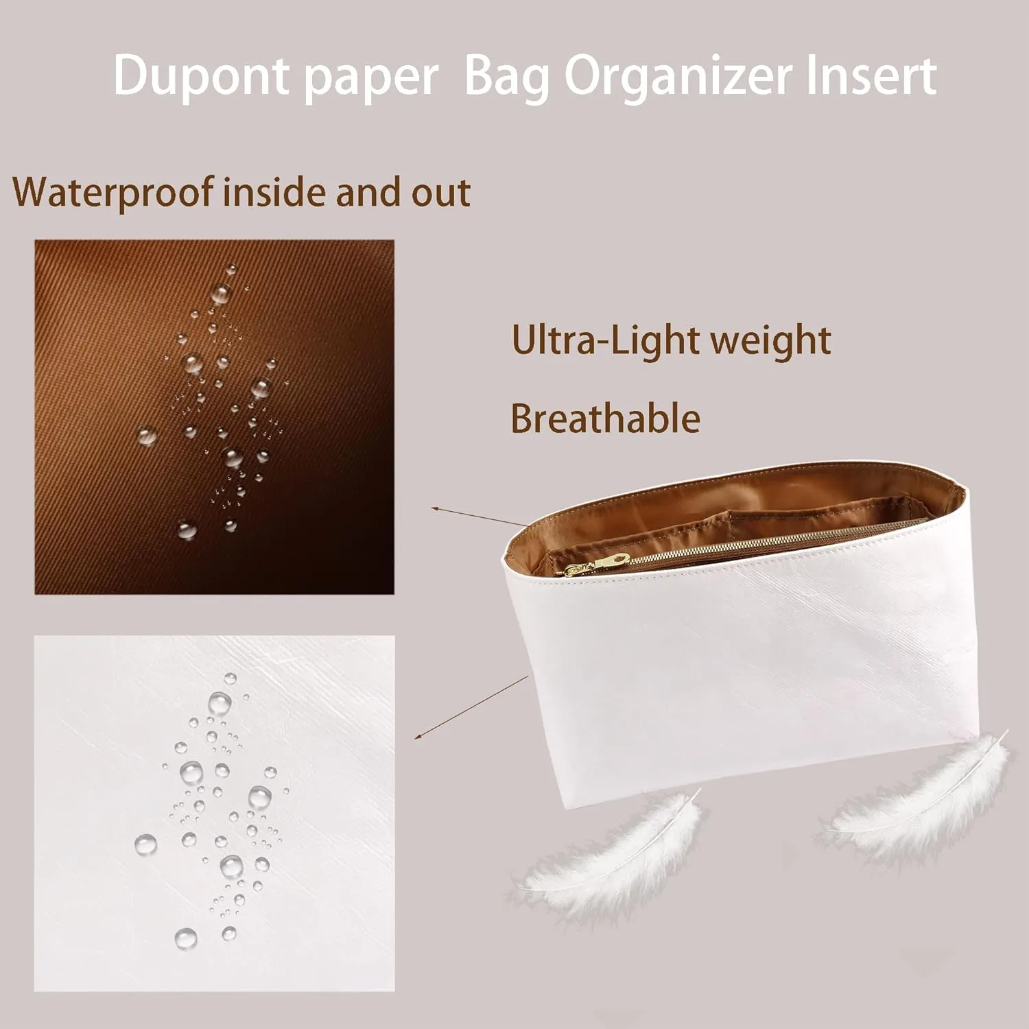 Purse Organizer Insert for handbag，Dupont paper Ultra-Light weight Bag Organizer Insert for LV Speedy 25 Waterproof (Medium-white brown)