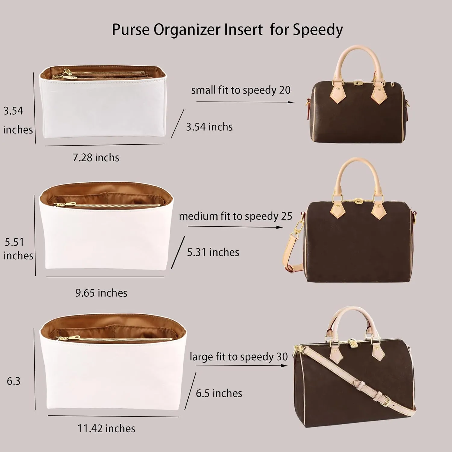 Purse Organizer Insert for handbag，Dupont paper Ultra-Light weight Bag Organizer Insert for LV Speedy 25 Waterproof (Medium-white brown)