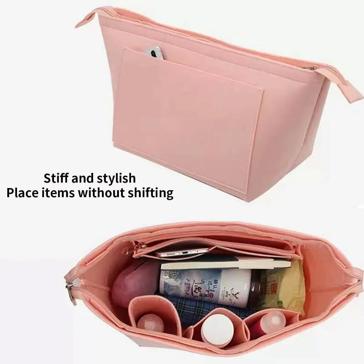 Purse Organizer Insert for Handbags – Felt Bag Organizer with Zipper, Multi-Pocket Divider for Longchamp, Totes, and Travel Bags, Inner Bag Liner for Women (Dark Grey,M)